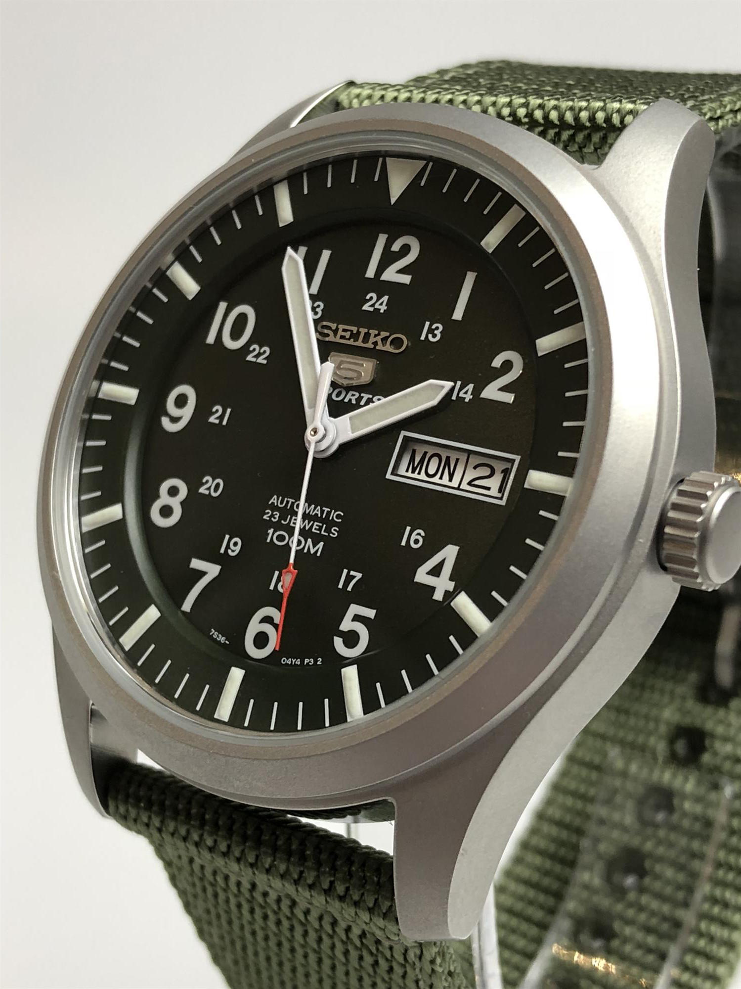 Seiko 5 Sports Automatic Green Dial Green NATO Style Strap Men's Watch SNZG09K1