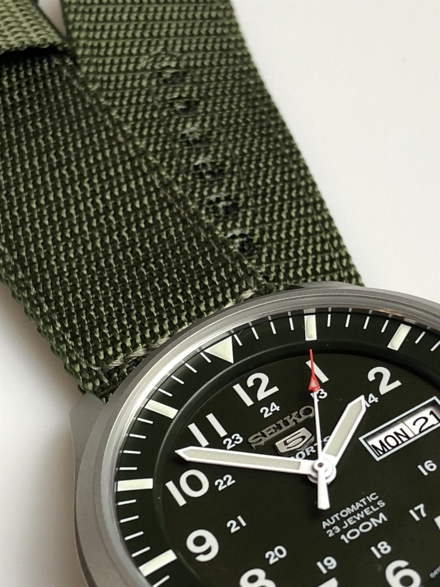 Seiko 5 Sports Automatic Green Dial Green NATO Style Strap Men's Watch SNZG09K1