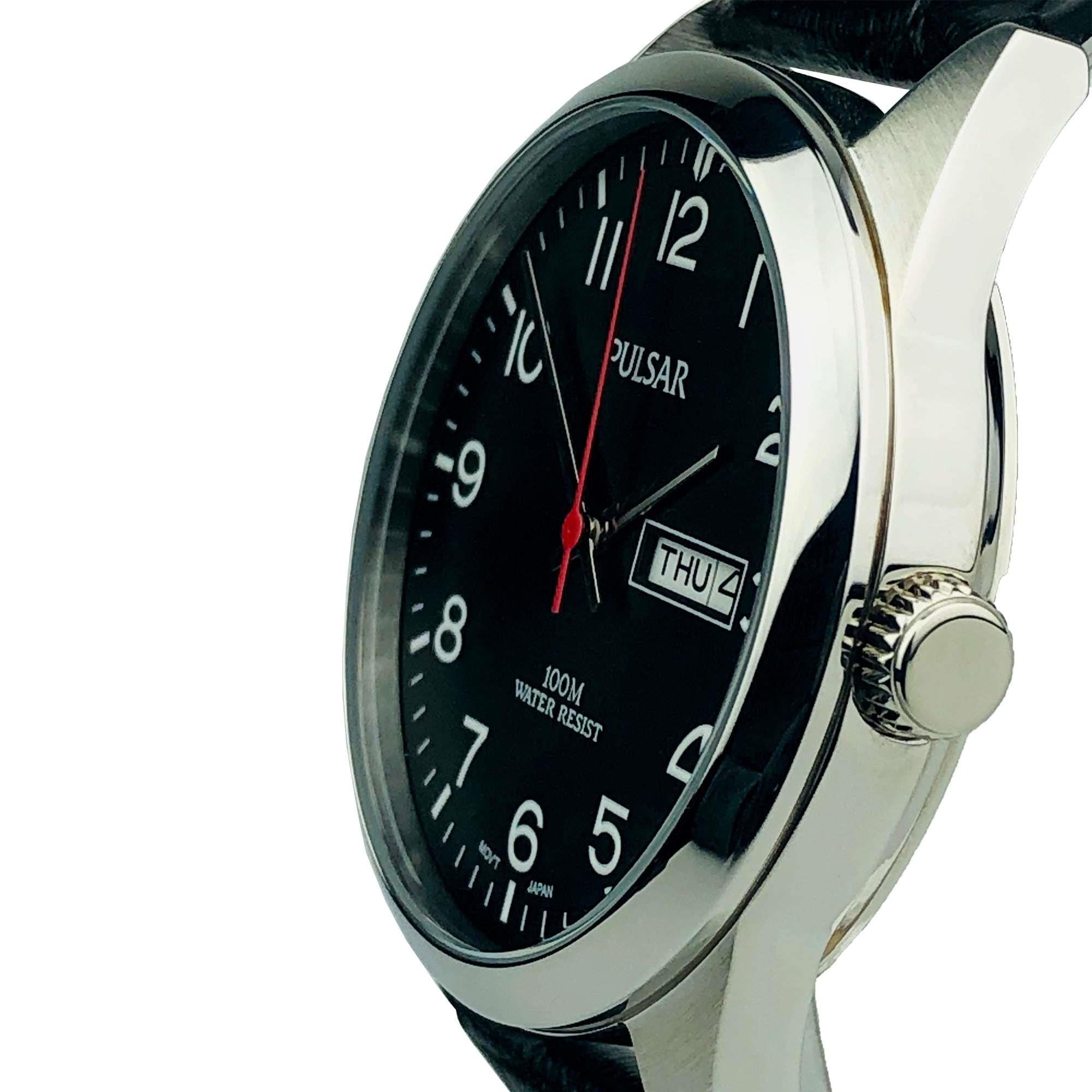 Pulsar Classic Quartz Silver Stainless Steel Case Leather Strap Black Dial Men's Watch