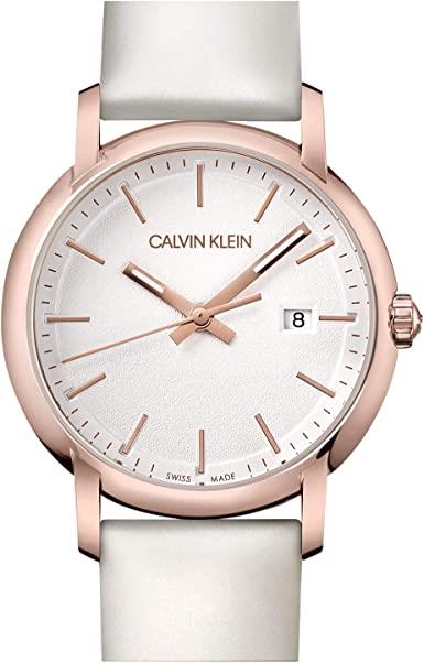 Calvin Klein Established Silver Dial White Leather Strap Ladies Watch K9H236L6 32mm