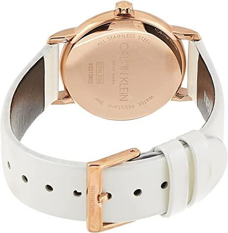 Calvin Klein Established Silver Dial White Leather Strap Ladies Watch K9H236L6 32mm