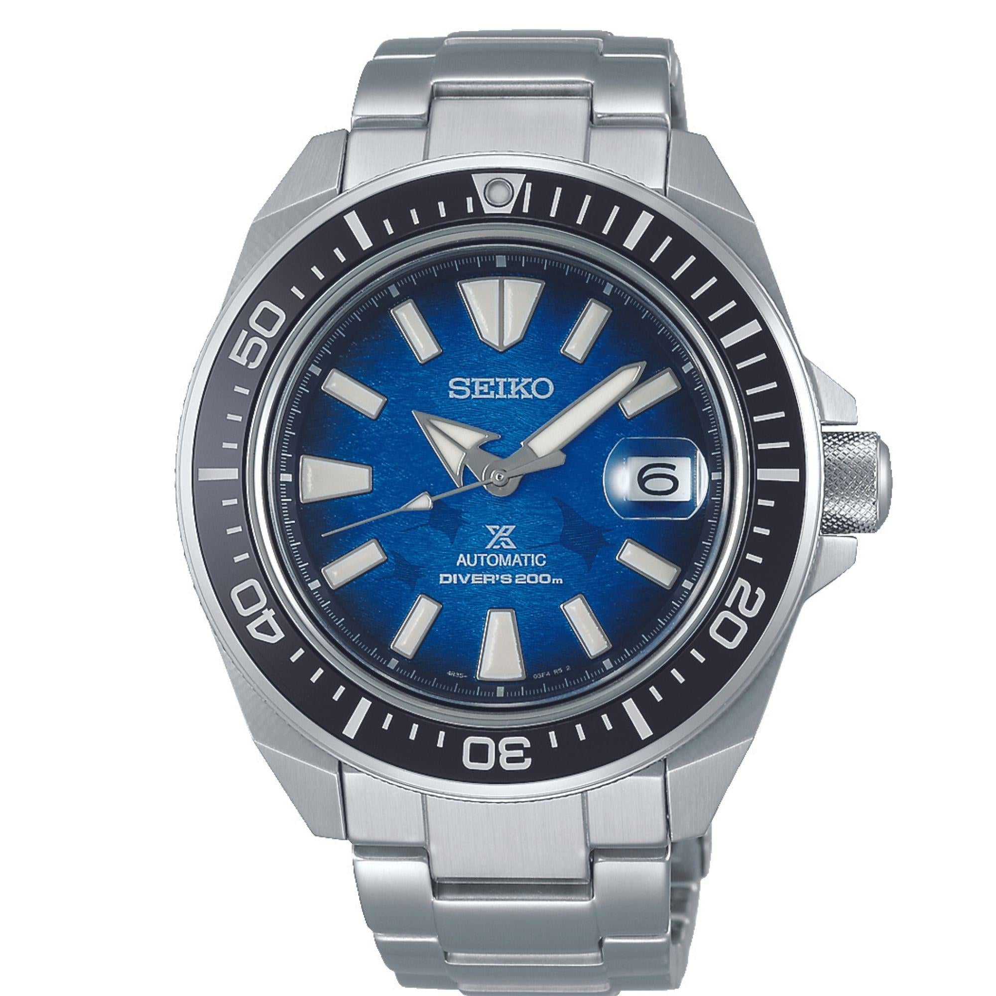 Seiko Prospex Save The Ocean 'Manta' 'King Samurai' Automatic Blue Dial Stainless Steel Bracelet Men's Watch SRPE33K1