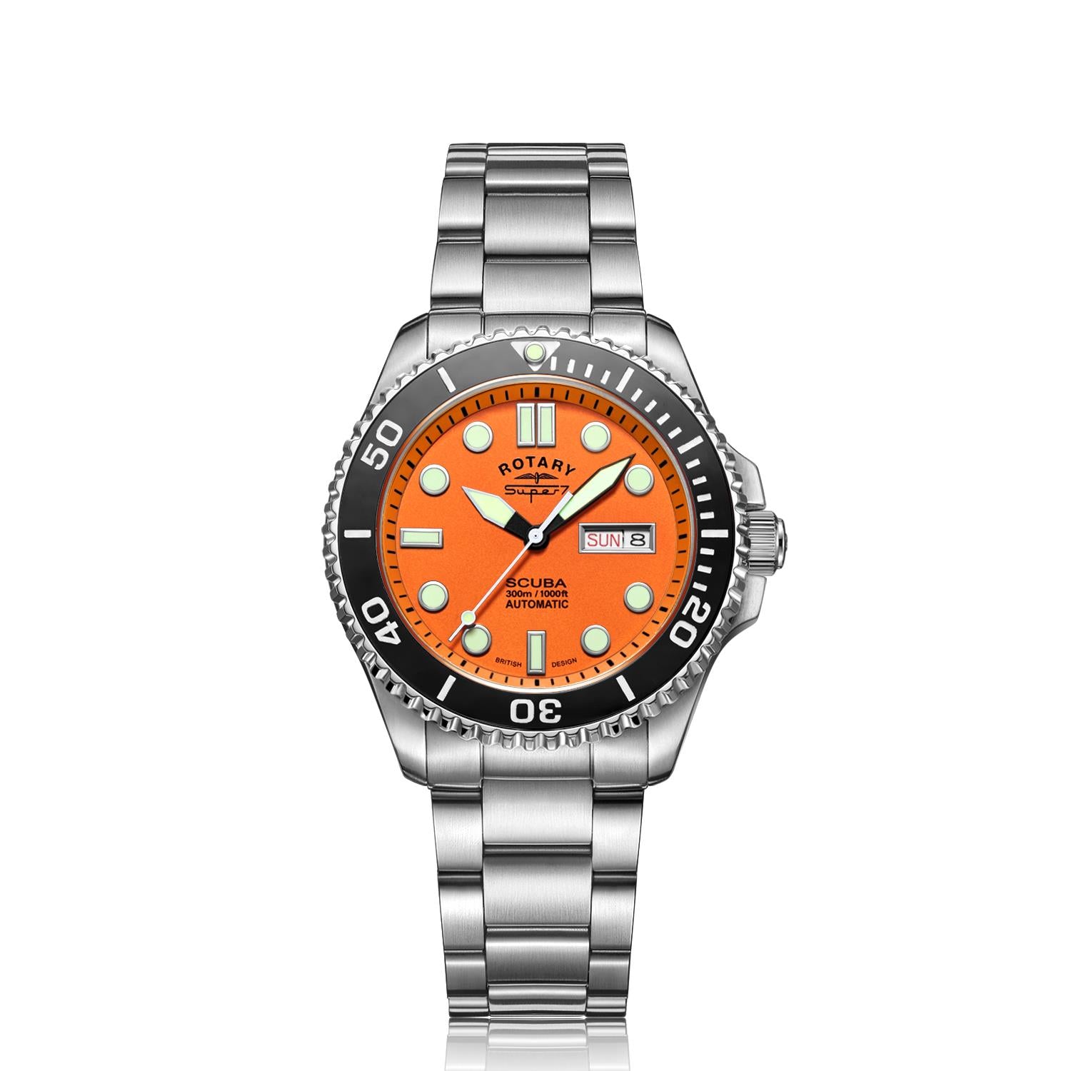 Rotary Super 7 SCUBA Automatic Orange Dial Ceramic Bezel Silver Stainless Steel Bracelet Men's Dive Watch S7S002B