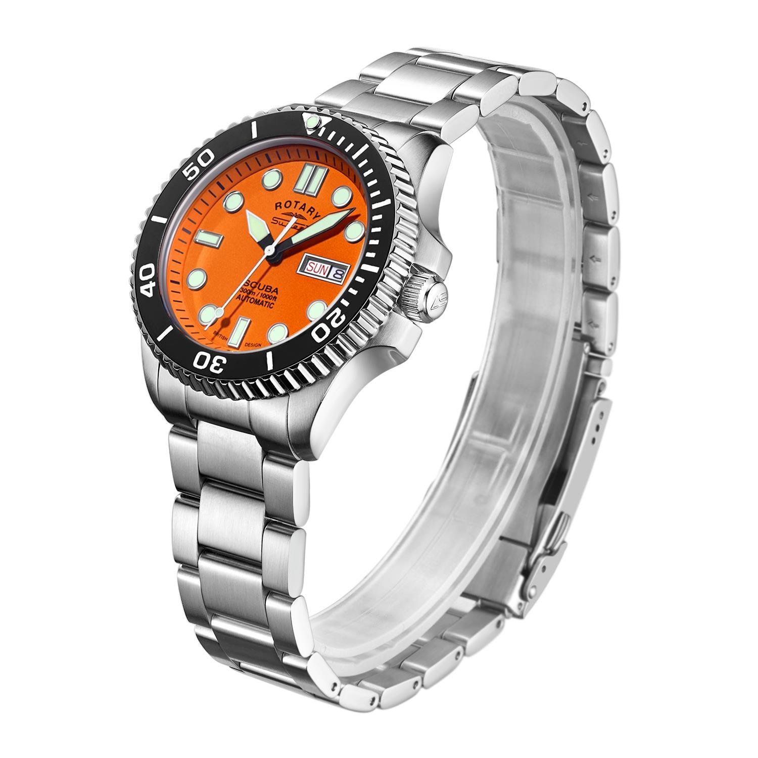 Rotary Super 7 SCUBA Automatic Orange Dial Ceramic Bezel Silver Stainless Steel Bracelet Men's Dive Watch S7S002B