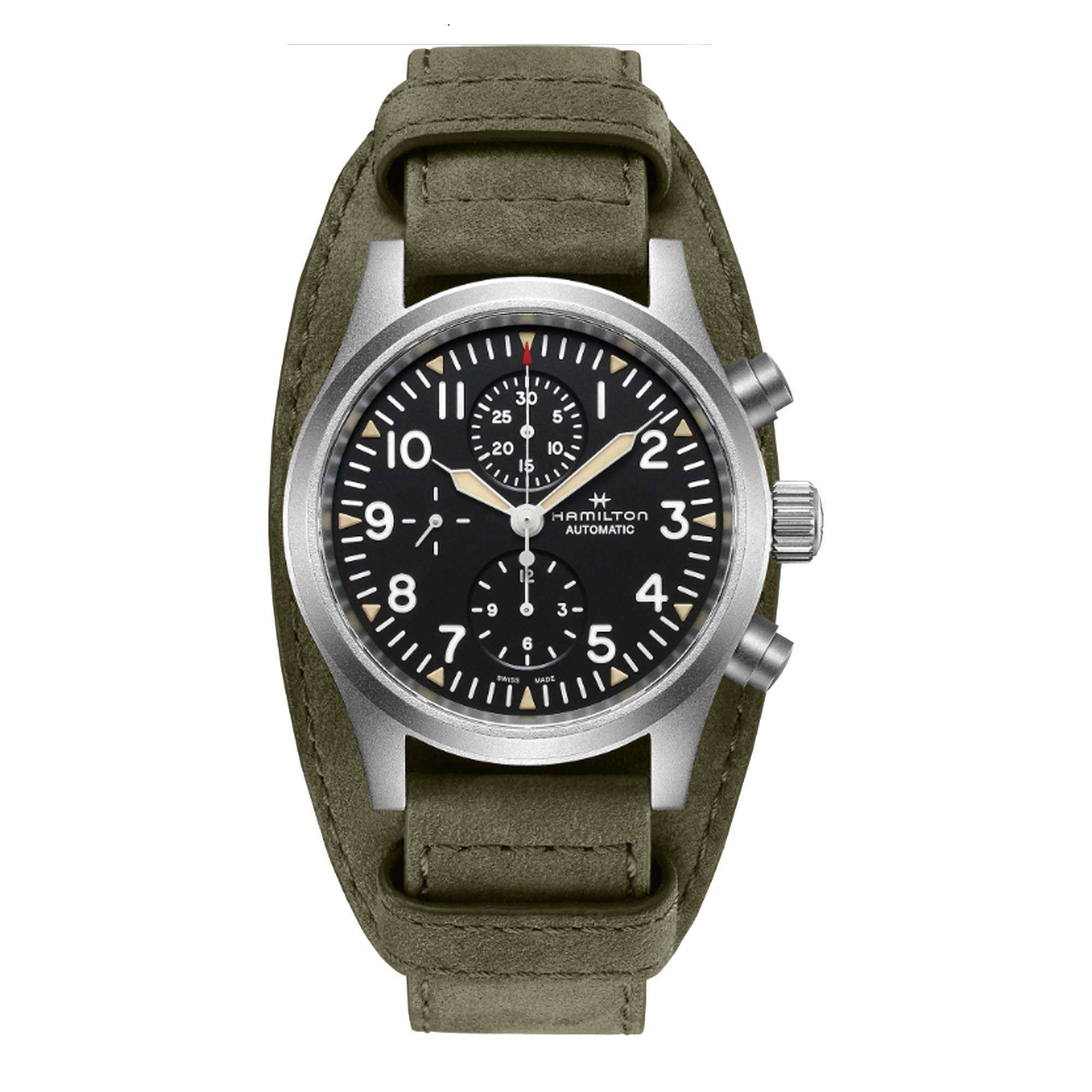 Hamilton Khaki Field Automatic Chronograph Black Dial Green Leather Bund Strap Men's Watch H71706830