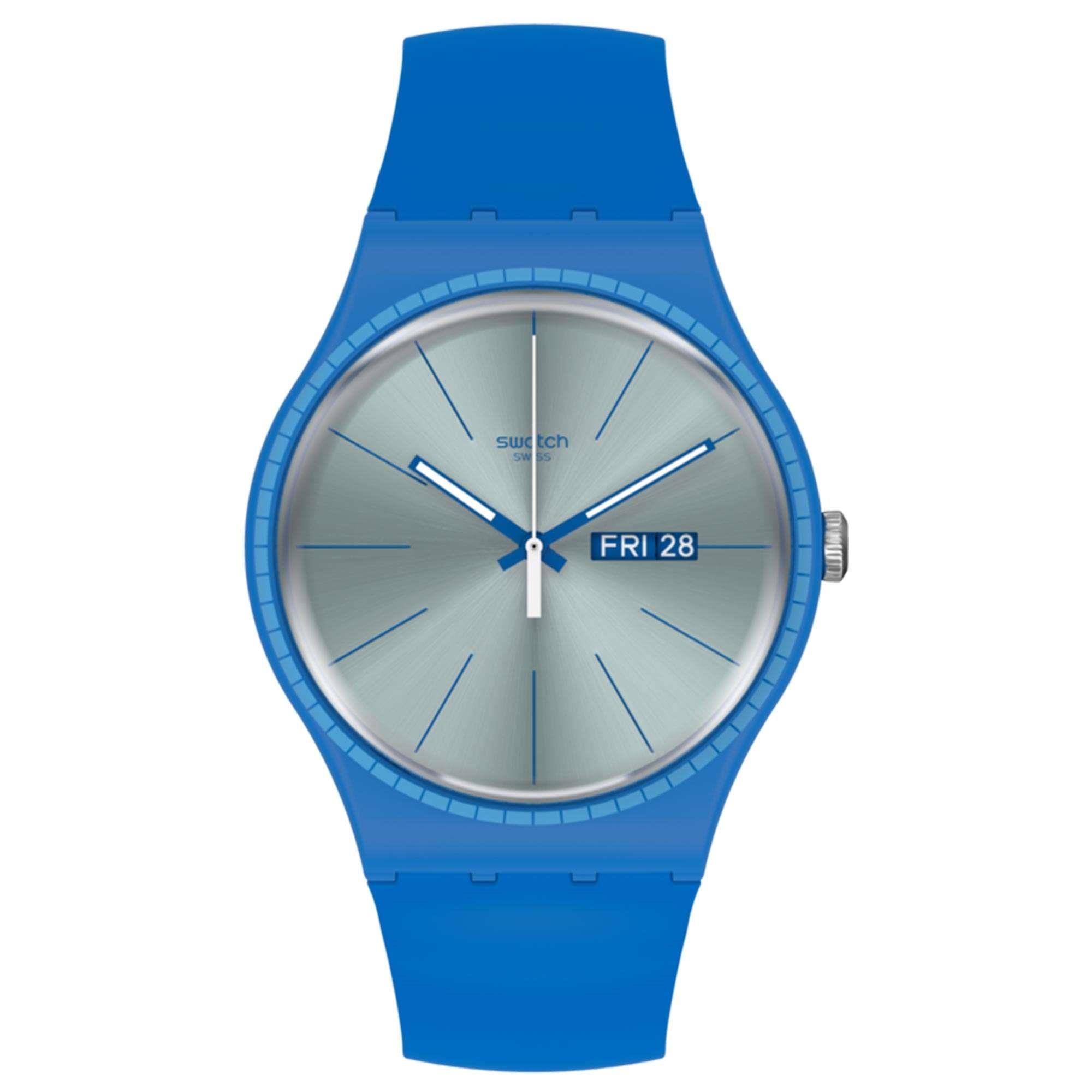Swatch Essentials Blue Rails Quartz Movement Silver Dial Silicone Bracelet Men's Watch SUON714