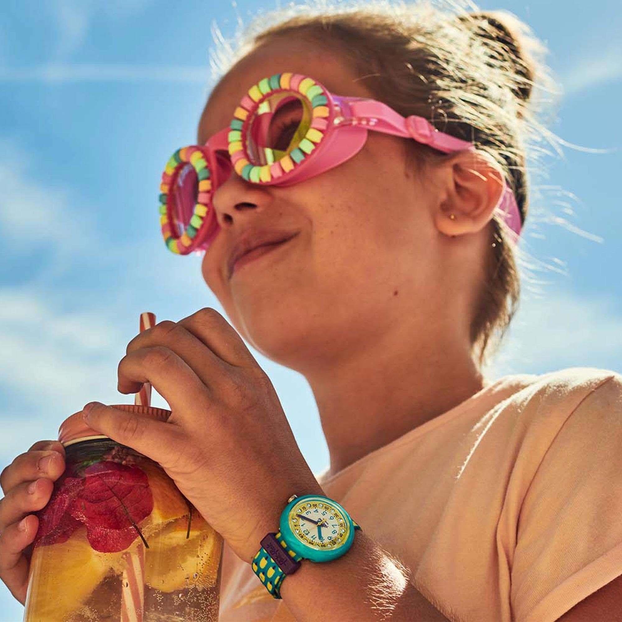 Flik Flak Pool in Miami Lemon Freeze Quartz Movement Yellow Dial Textile Bracelet Kids Watch FPNP062