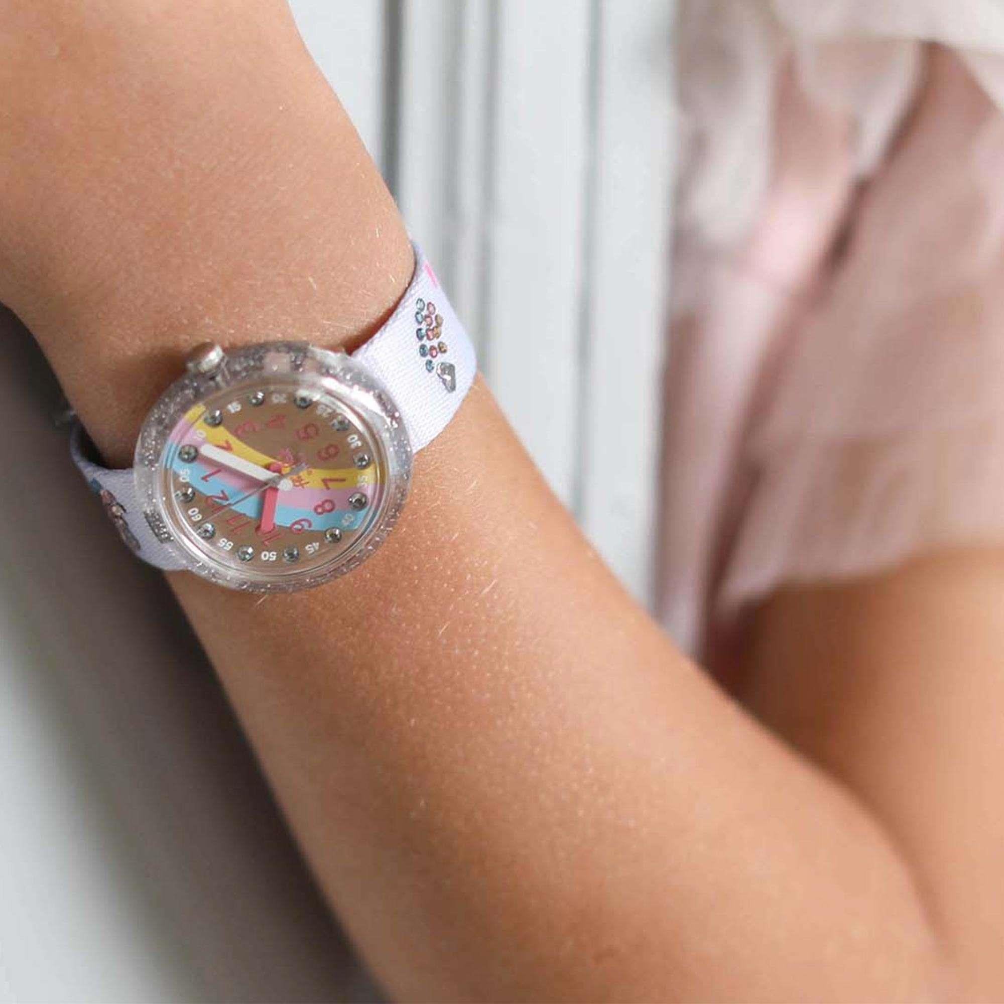 Flik Flak Shine Bright Over The Rainbow Quartz Movement Grey Dial Plastic Bracelet Kids Watch FPNP072