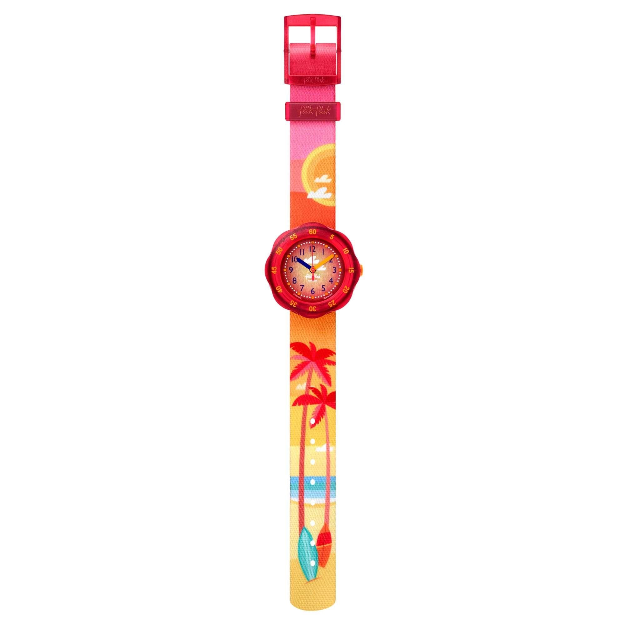 Flik Flak Pool in Miami Palmiboo Quartz Movement Red Dial Textile Bracelet Kids Watch FPSP040