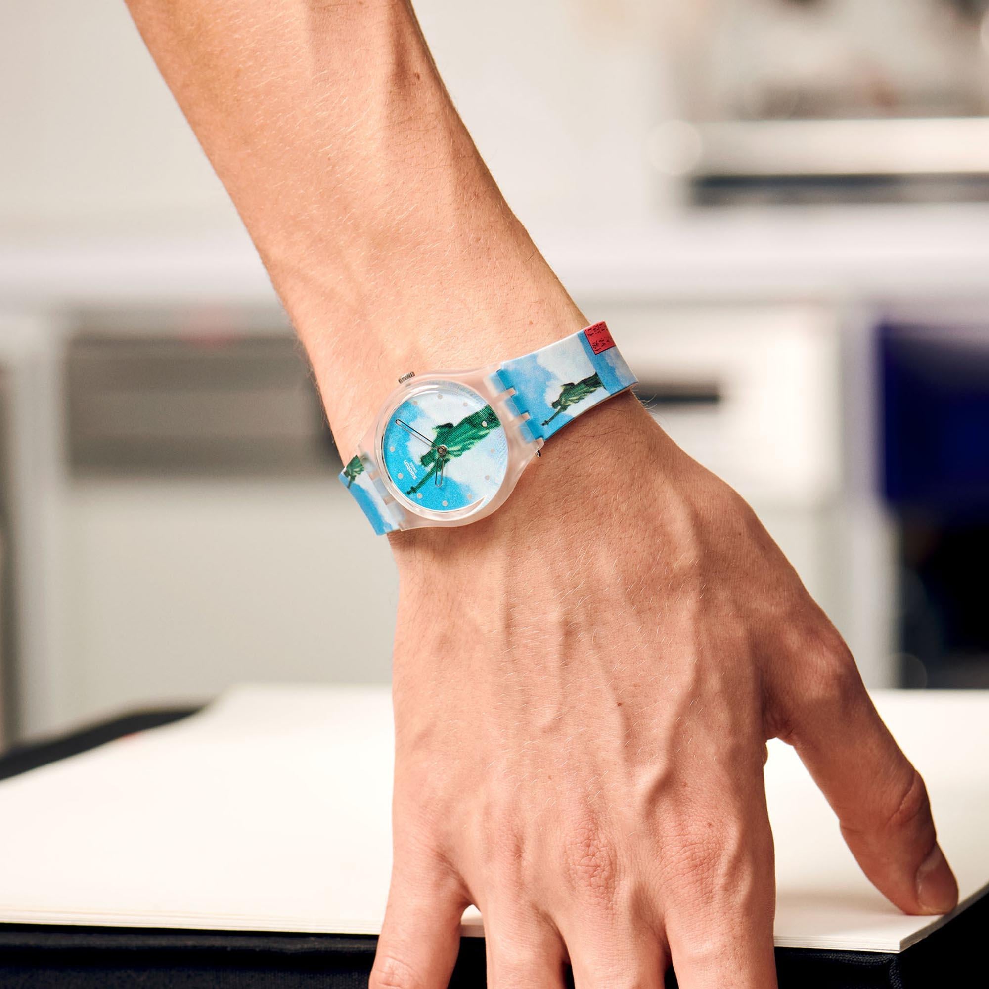Swatch MoMA New York By Tadanori Yokoo Statue of Liberty Blue Dial Silicone Strap Watch GZ351