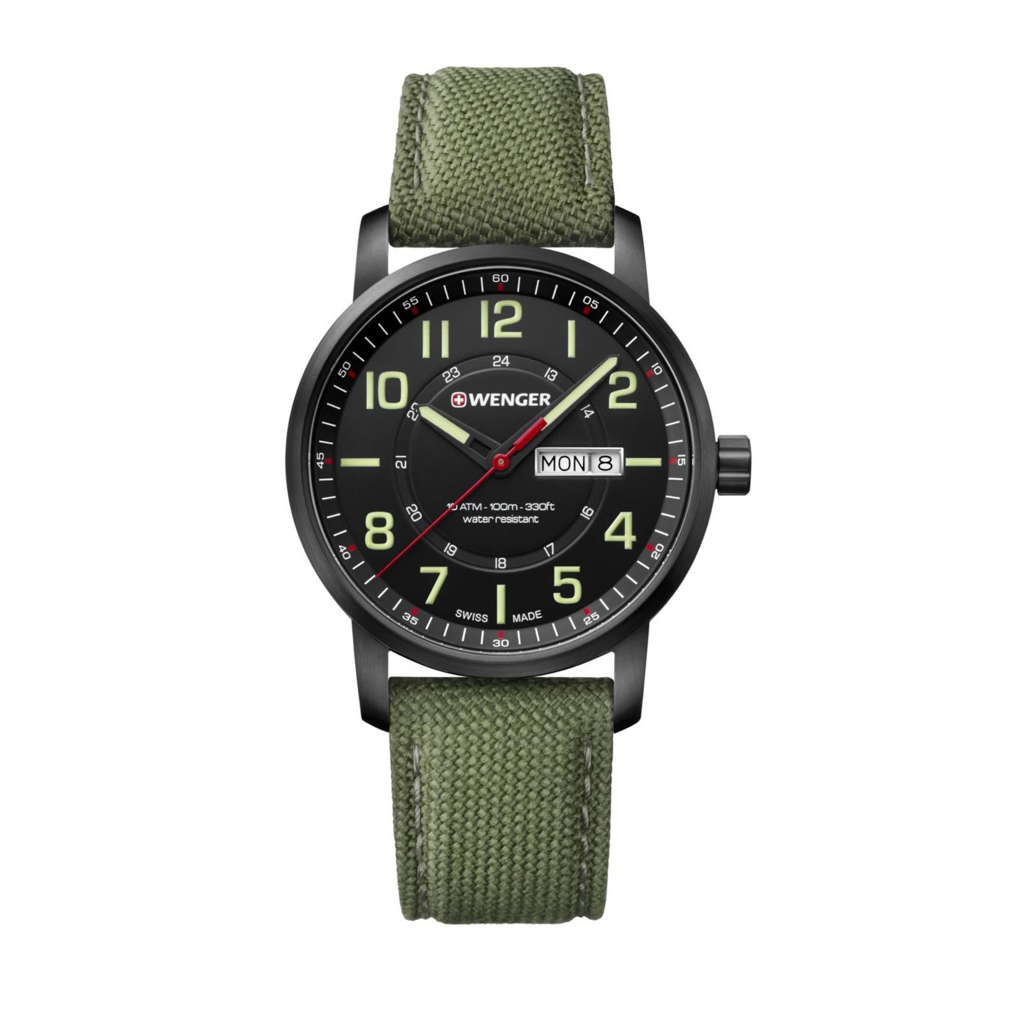Wenger Attitude Quartz Black Dial Green Nylon Strap Men's Watch