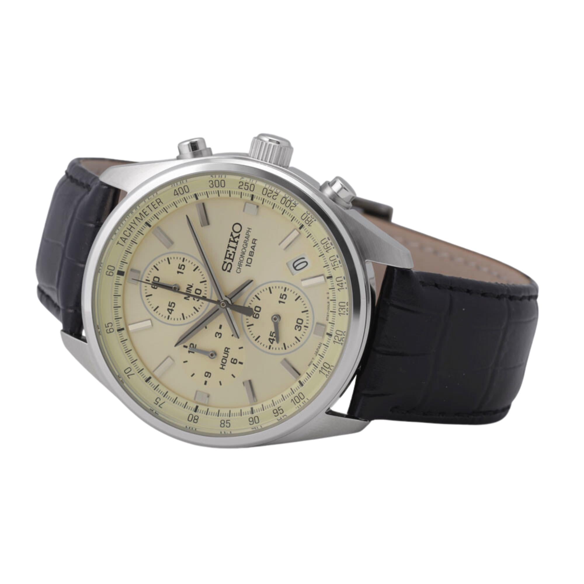 Seiko Conceptual Quartz Chronograph Beige Dial Black Leather Strap Men's Watch SSB383P1