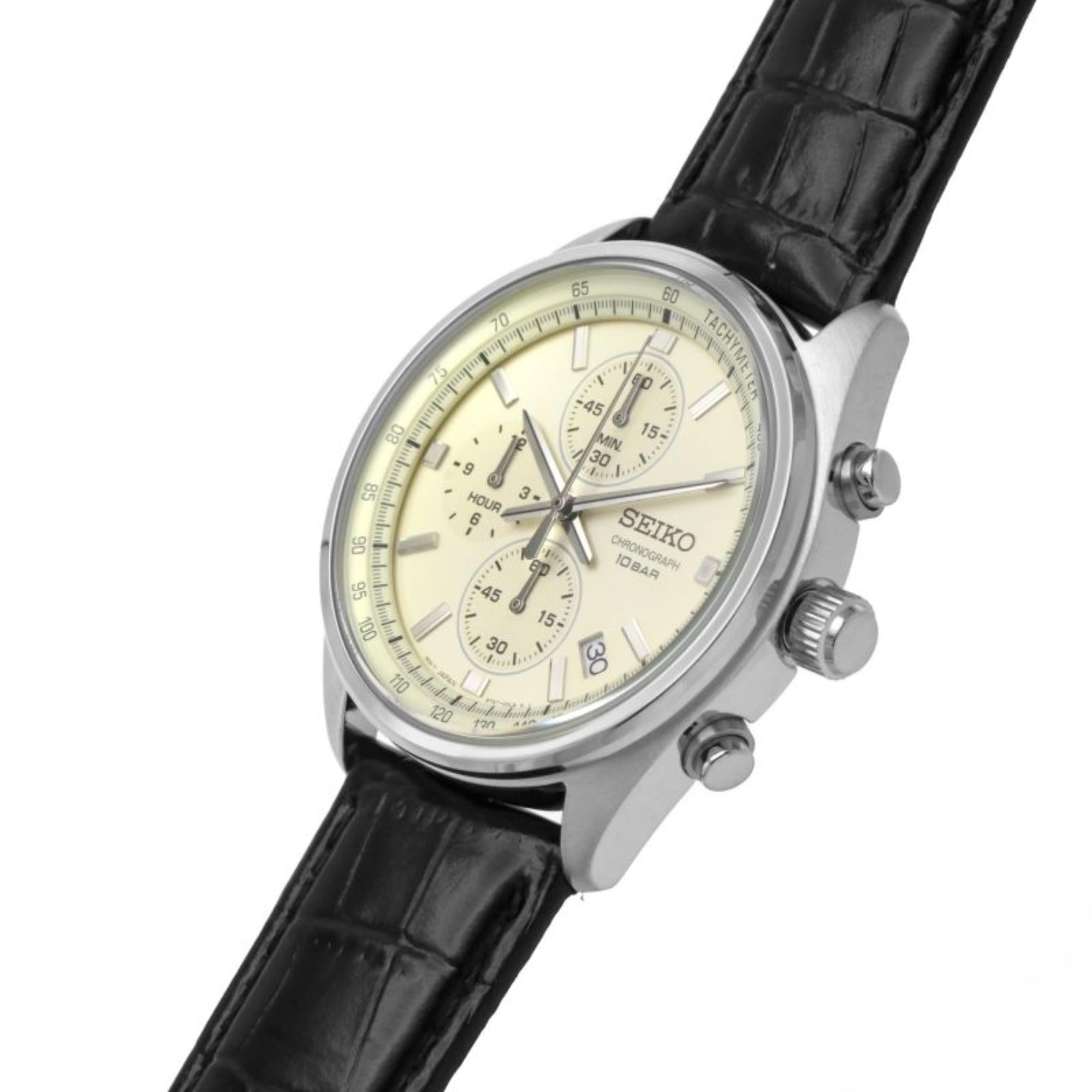 Seiko Conceptual Quartz Chronograph Beige Dial Black Leather Strap Men's Watch SSB383P1