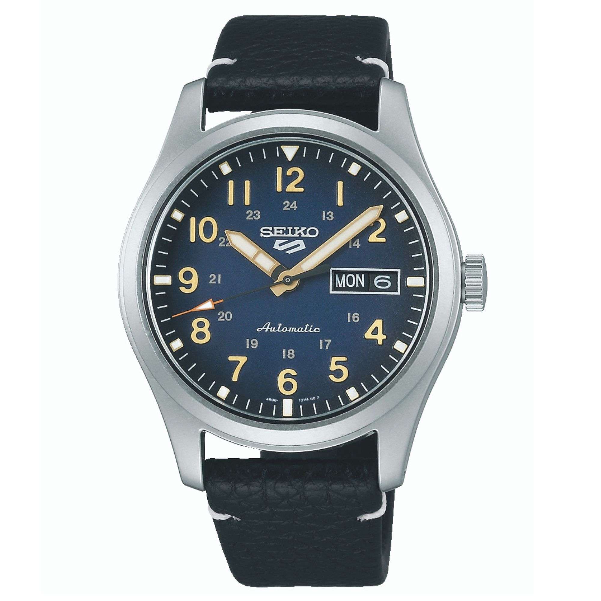 Seiko 5 Sports Field Military Automatic Blue Dial Black Leather Strap Men's Watch SRPG39K1