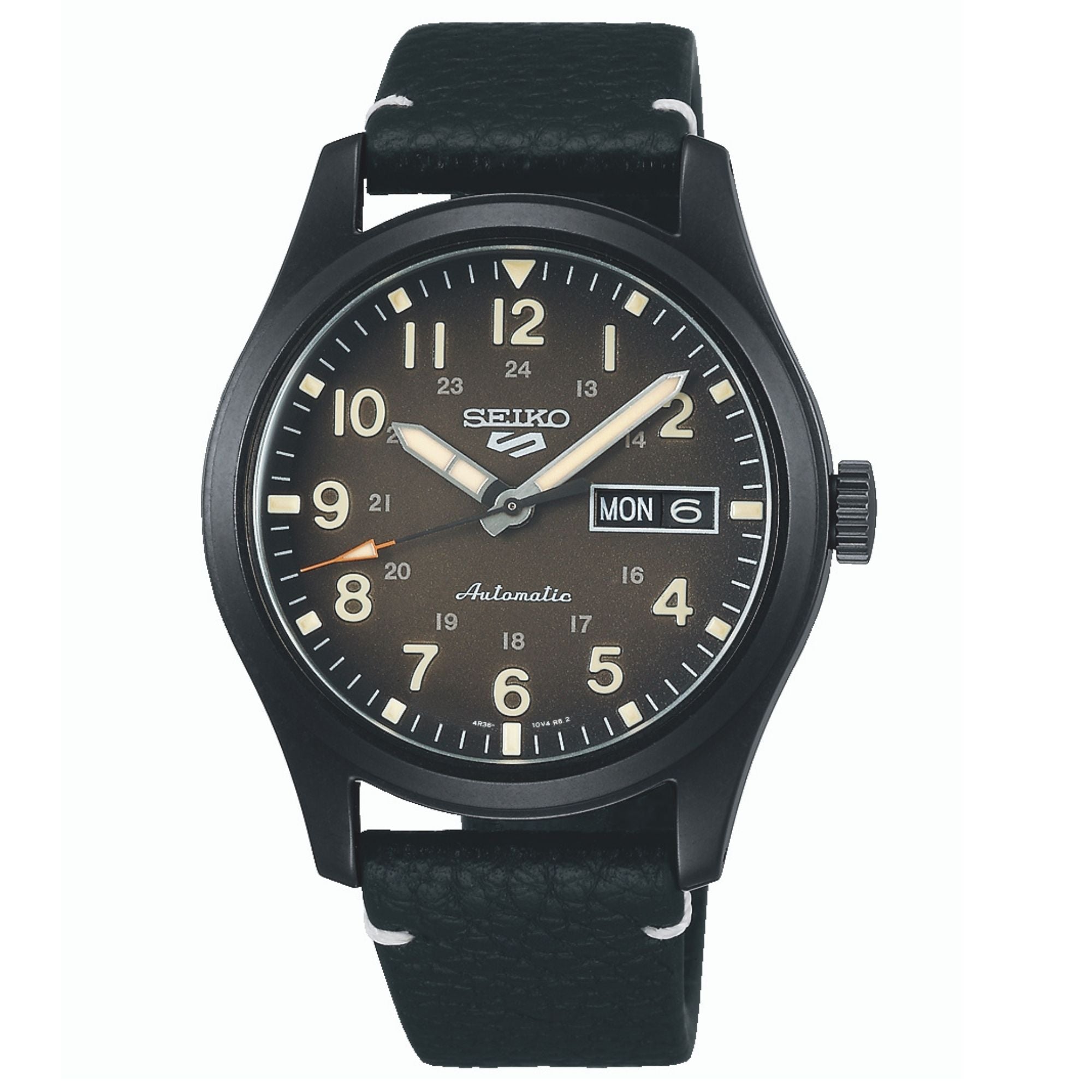 Seiko 5 Sports Field Military Watch Automatic Black Dial Black Leather Strap Men's Watch SRPG41K1