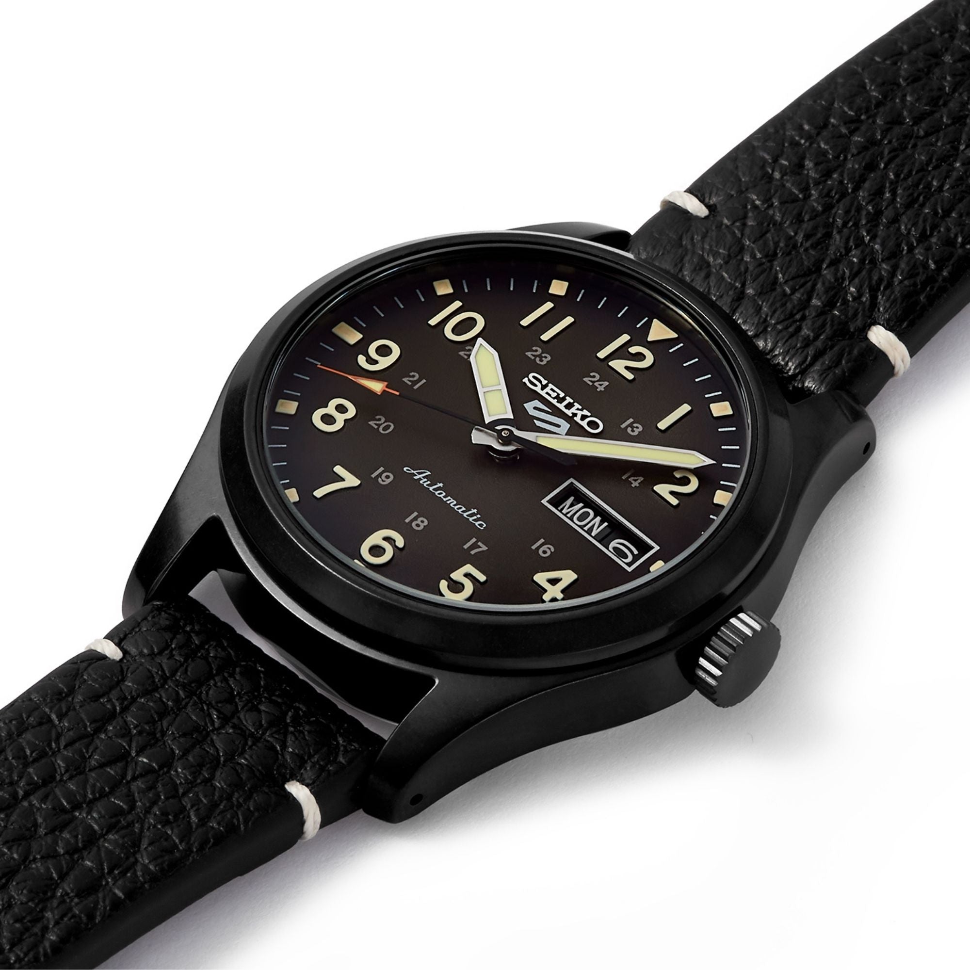 Seiko 5 Sports Field Military Watch Automatic Black Dial Black Leather Strap Men's Watch SRPG41K1