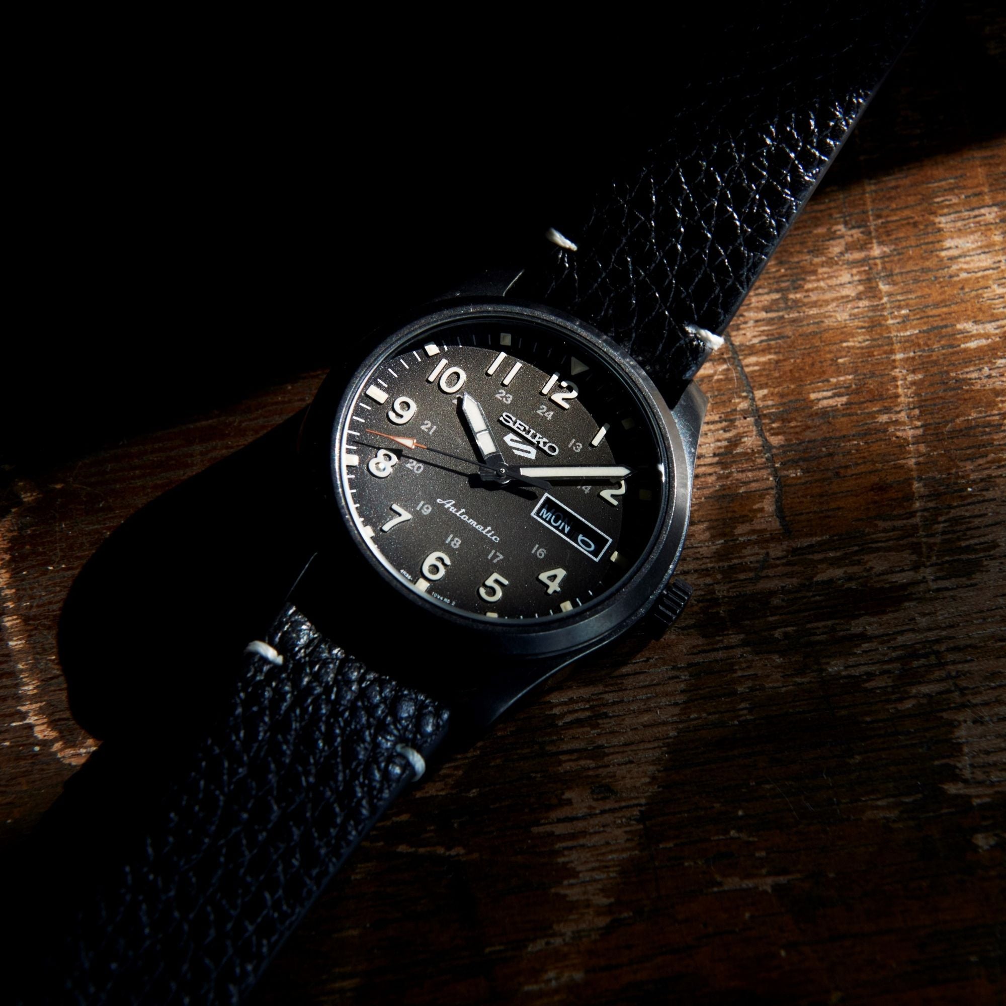 Seiko 5 Sports Field Military Watch Automatic Black Dial Black Leather Strap Men's Watch SRPG41K1