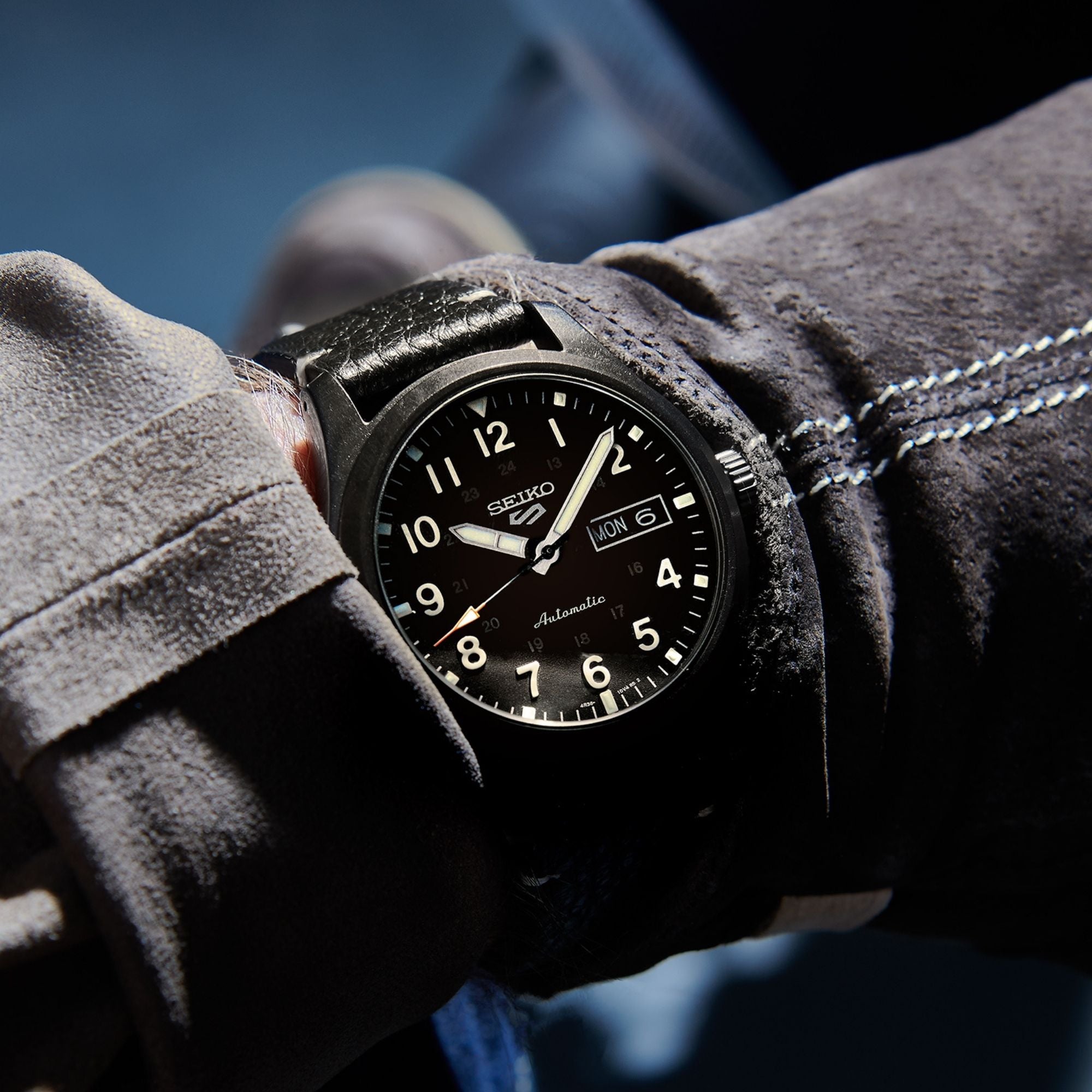 Seiko 5 Sports Field Military Watch Automatic Black Dial Black Leather Strap Men's Watch SRPG41K1