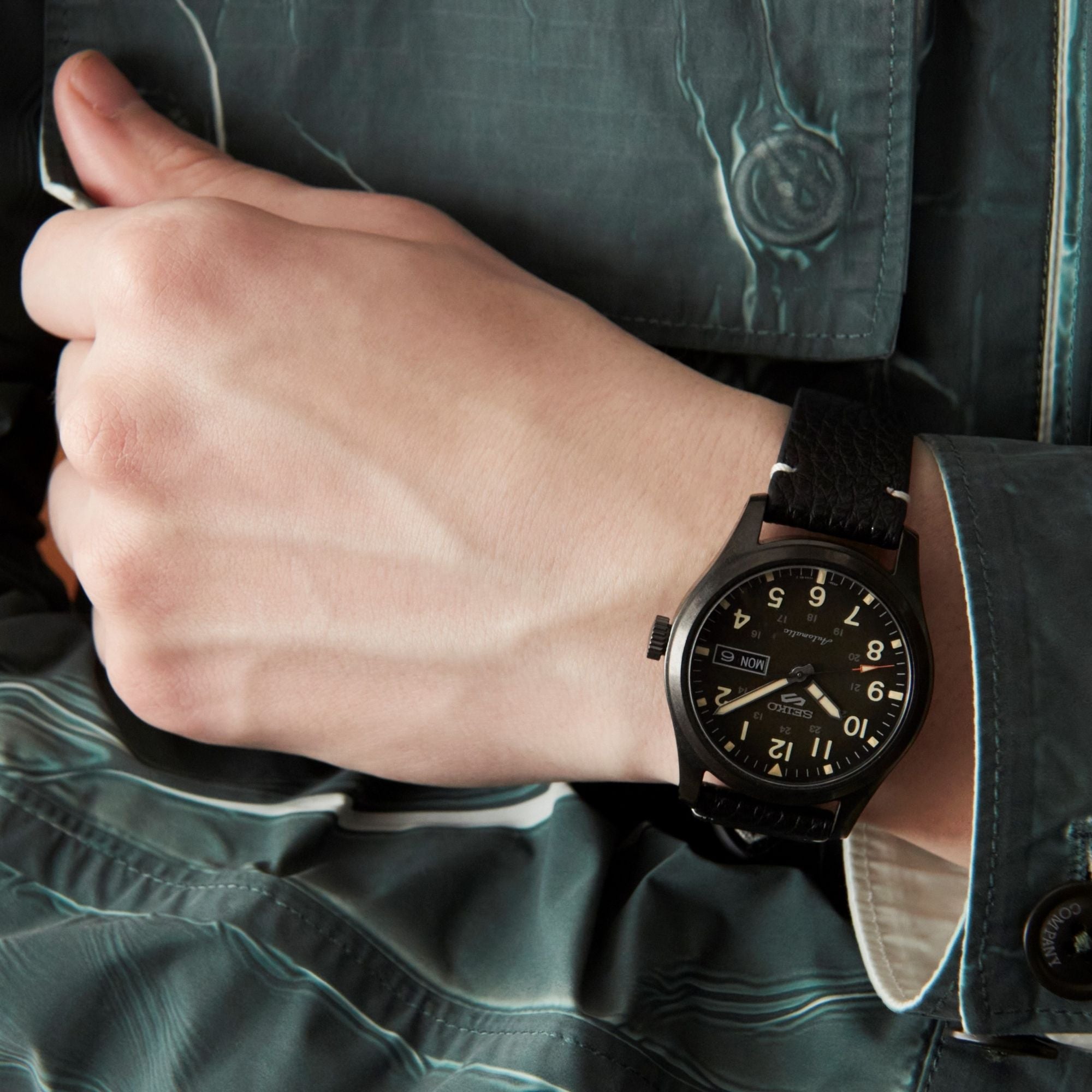 Seiko 5 Sports Field Military Watch Automatic Black Dial Black Leather Strap Men's Watch SRPG41K1