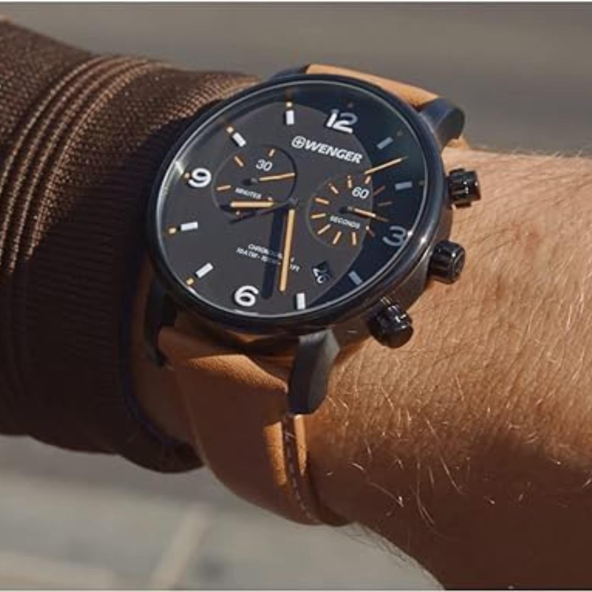 Wenger Urban Metropolitan Chronograph Quartz Black Dial Brown Leather Strap Men's Watch 01.1743.113