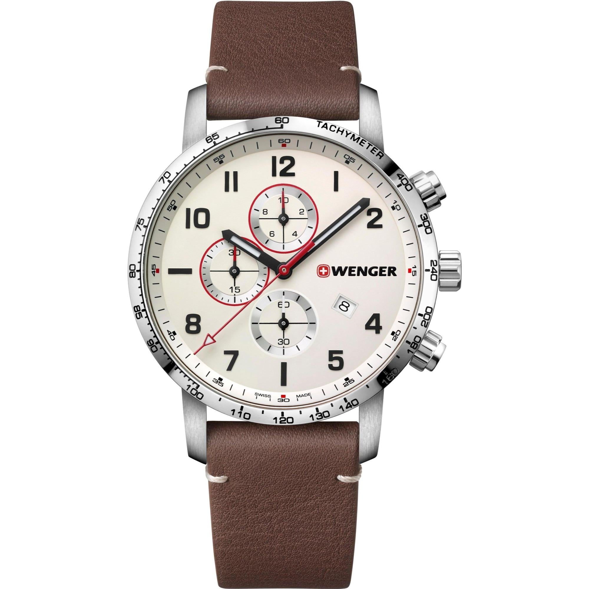 Wenger Attitude Quartz Cream Dial Brown Leather Strap Chronograph Men's Watch 01.1543.113