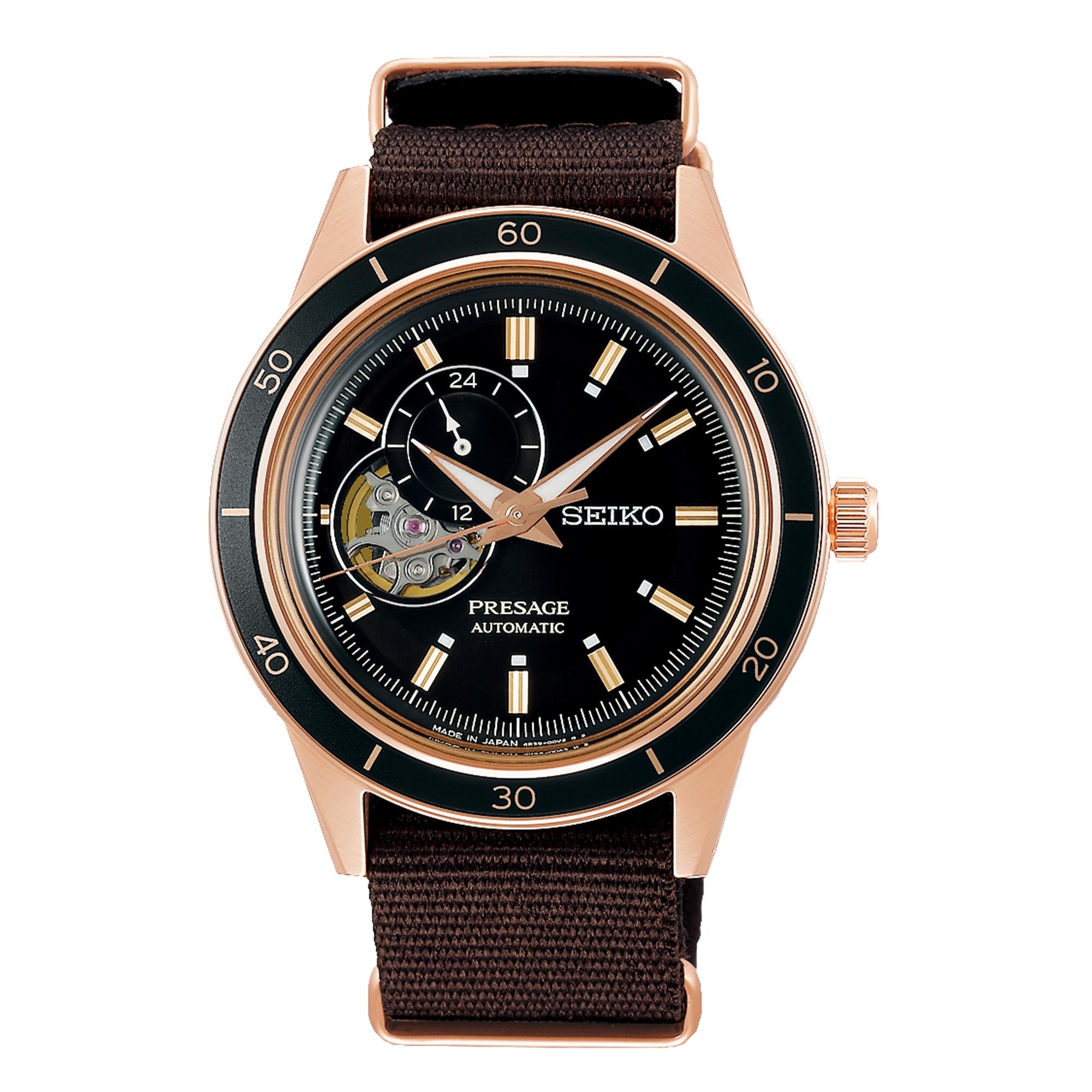Seiko Presage Style 60's Automatic Black Open Heart Dial Brown NATO Strap Men's Watch SSA426J1