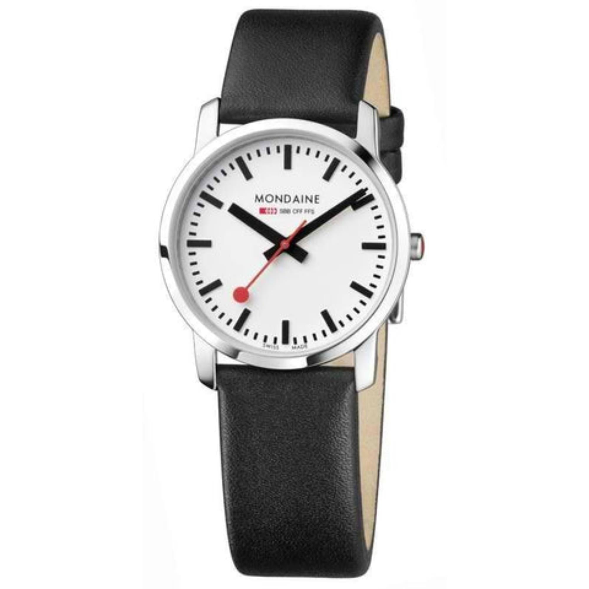 Mondaine Simply Elegant Quartz White Dial Black Leather Strap Unisex Watch A400.30351.11SBB