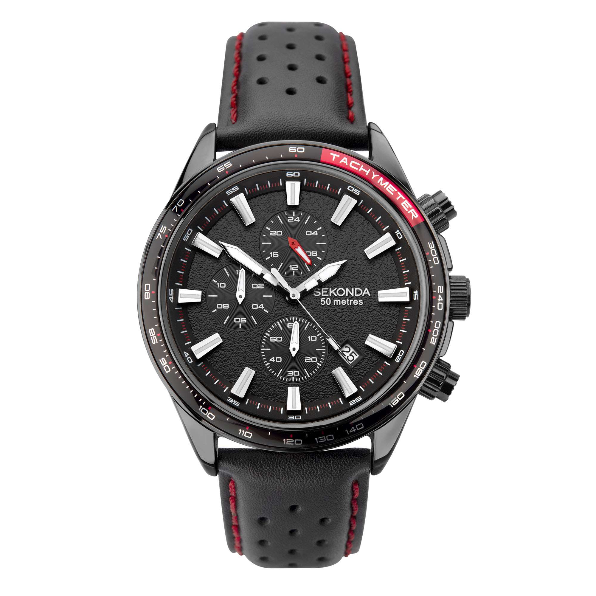 Sekonda Chronograph Quartz Black Dial Black Leather Strap Men's Watch 1787
