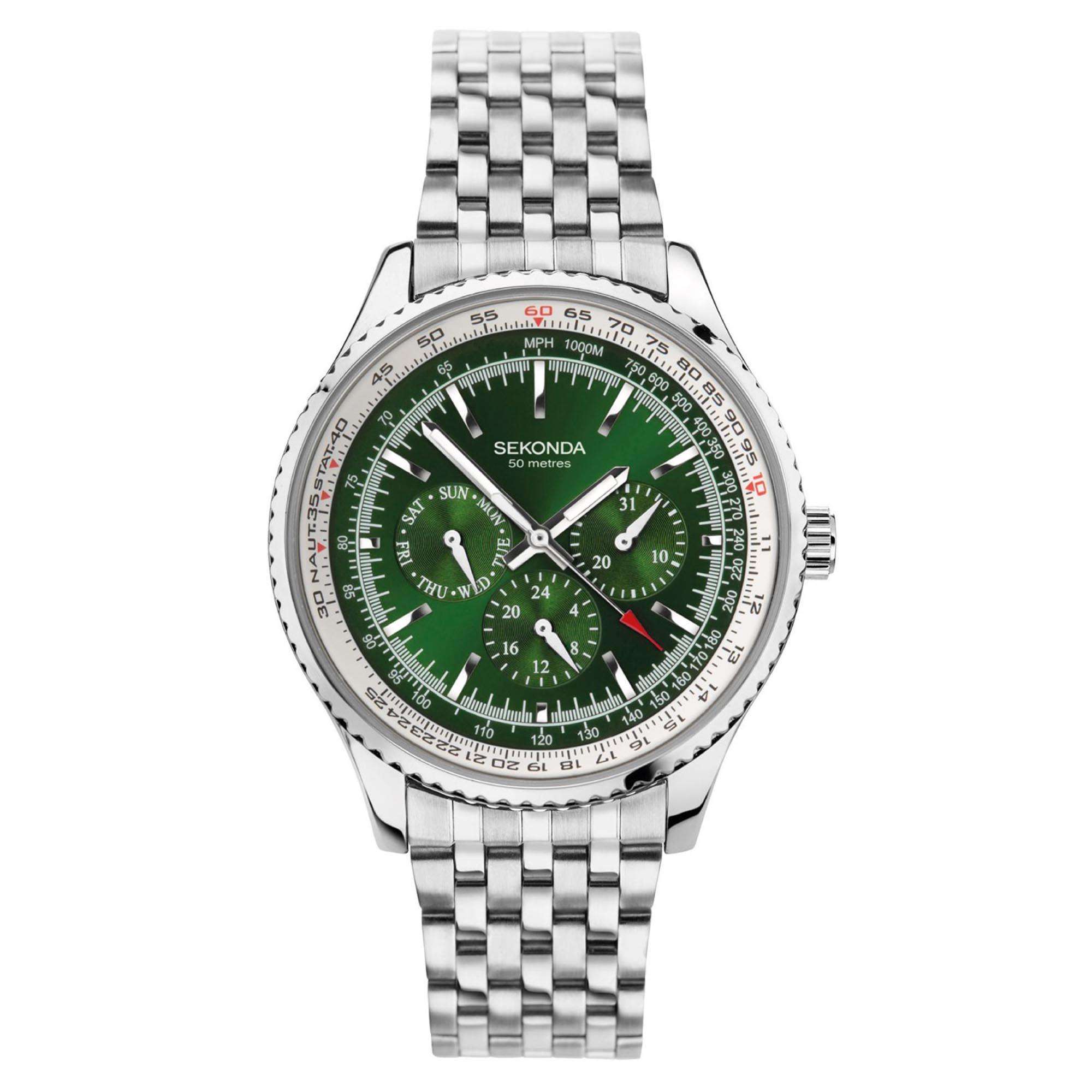 Sekonda Aviation Quartz Green Dial Stainless Steel Bracelet Men’s Watch 1935