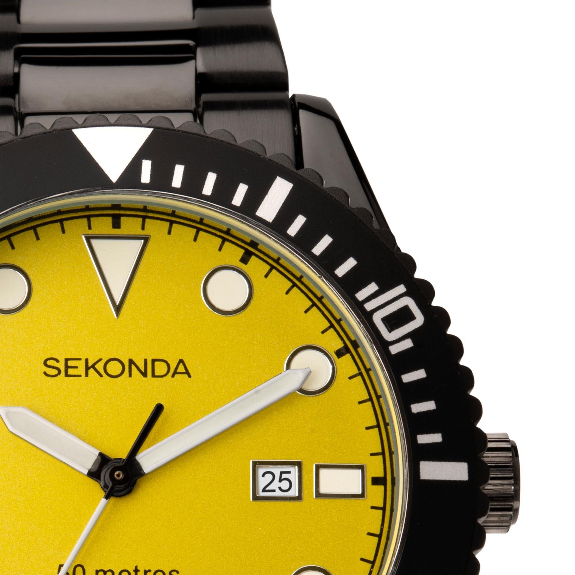 Sekonda Sports Dive Style Yellow Dial Black IP Steel Bracelet Men's Watch 1978