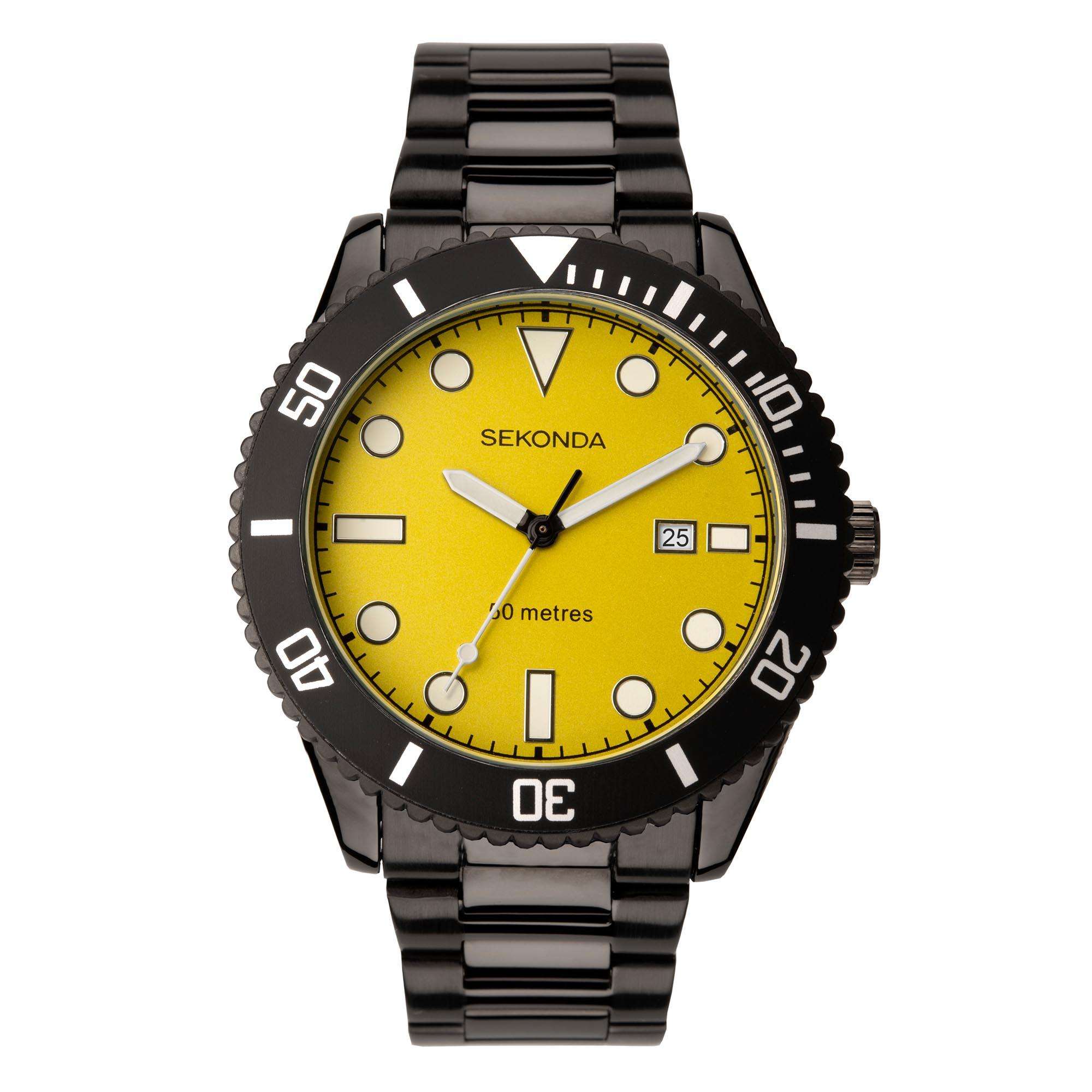 Sekonda Sports Dive Style Yellow Dial Black IP Steel Bracelet Men's Watch 1978