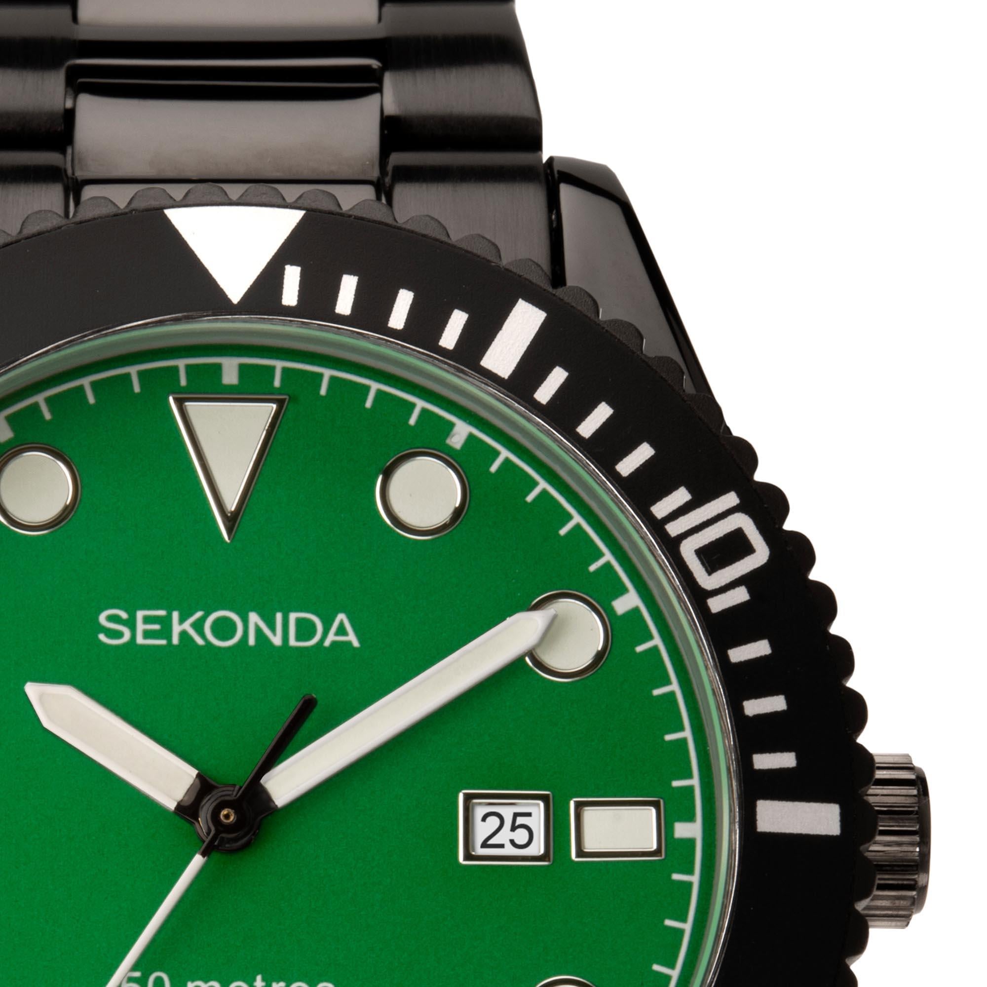 Sekonda Sports Dive Style Green Dial Black Steel Bracelet Men's Watch 1983