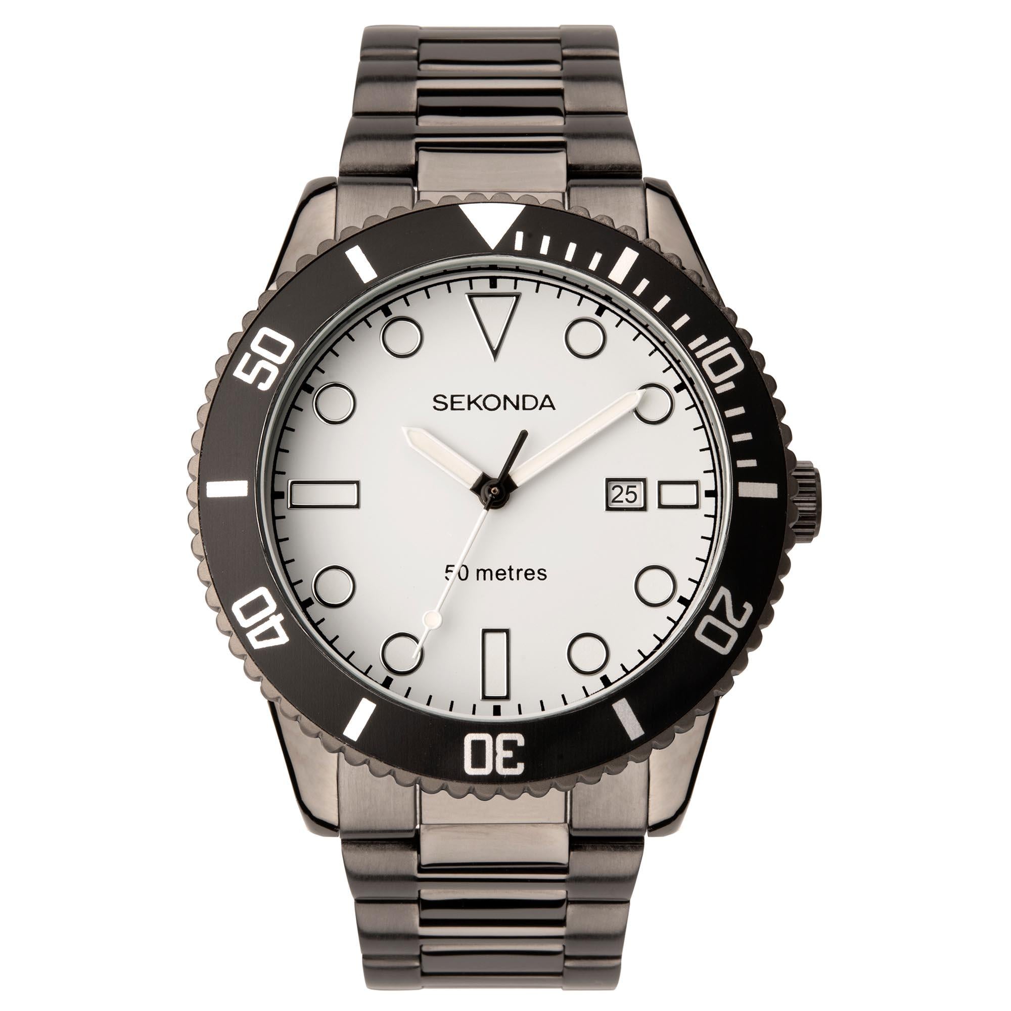 Sekonda Sports Quartz White Dial Gun Metal Grey IP Steel Bracelet Men's Watch 1987