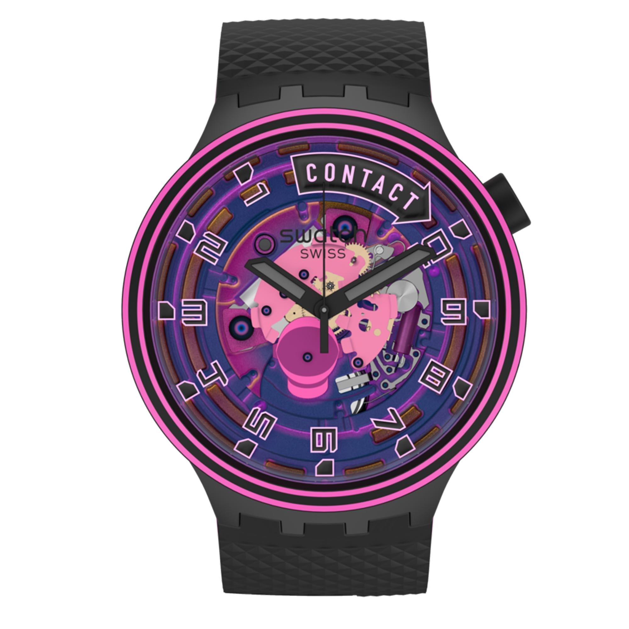 Swatch Big Bold Touchdown! Transparent Dial Black Silicone Strap Watch SB01B126