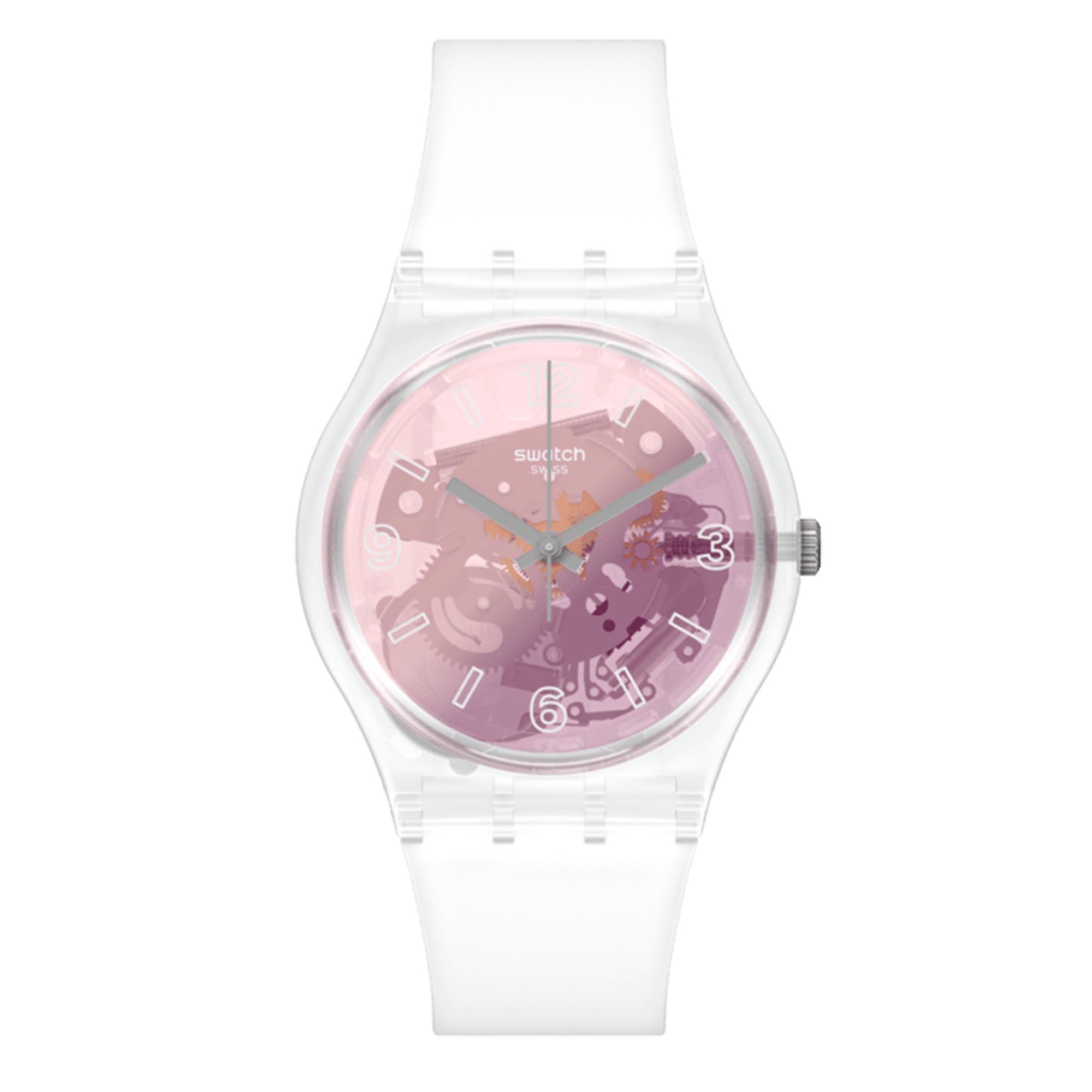 Swatch Pink Disco Fever Quartz Pink Dial White Silicone Strap Watch GE290