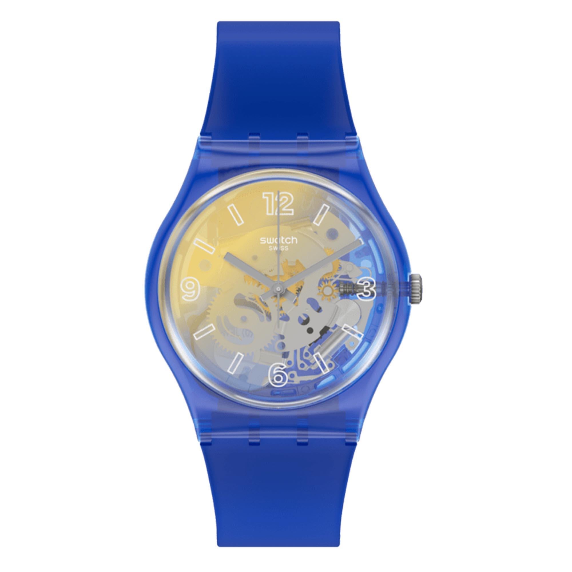 Swatch Yellow Disco Fever Quartz Multi Tonal Dial Blue Silicone Strap Watch GE278