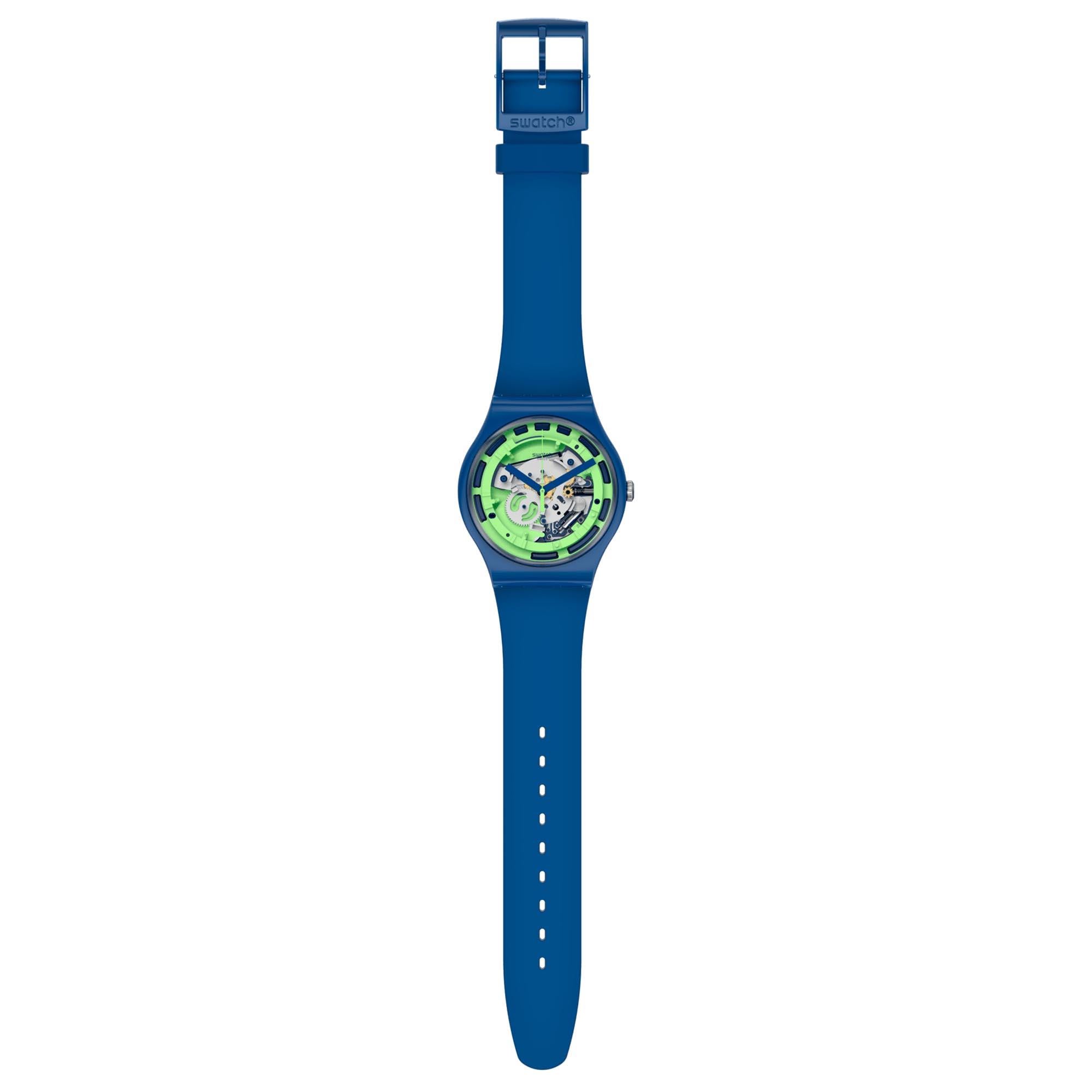 Swatch Blue Anatomy Quartz Transparent Dial Green Silicone Strap Watch SUON147