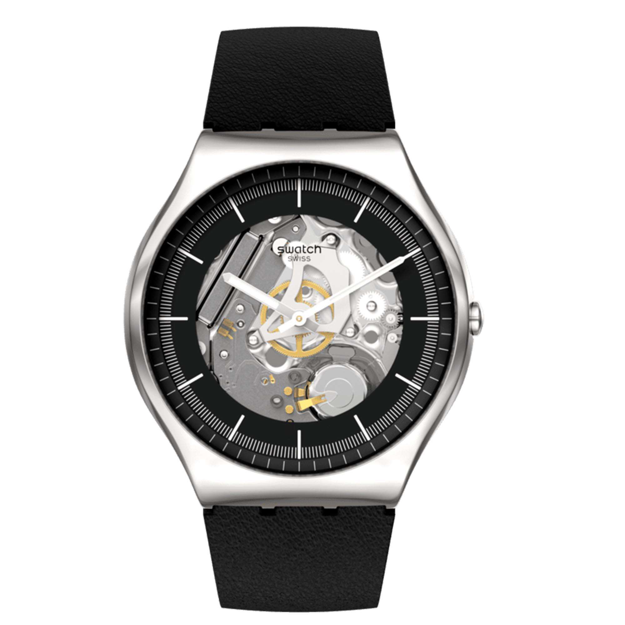 Swatch Black Skeleton Black Dial Leather Strap Watch SS07S115