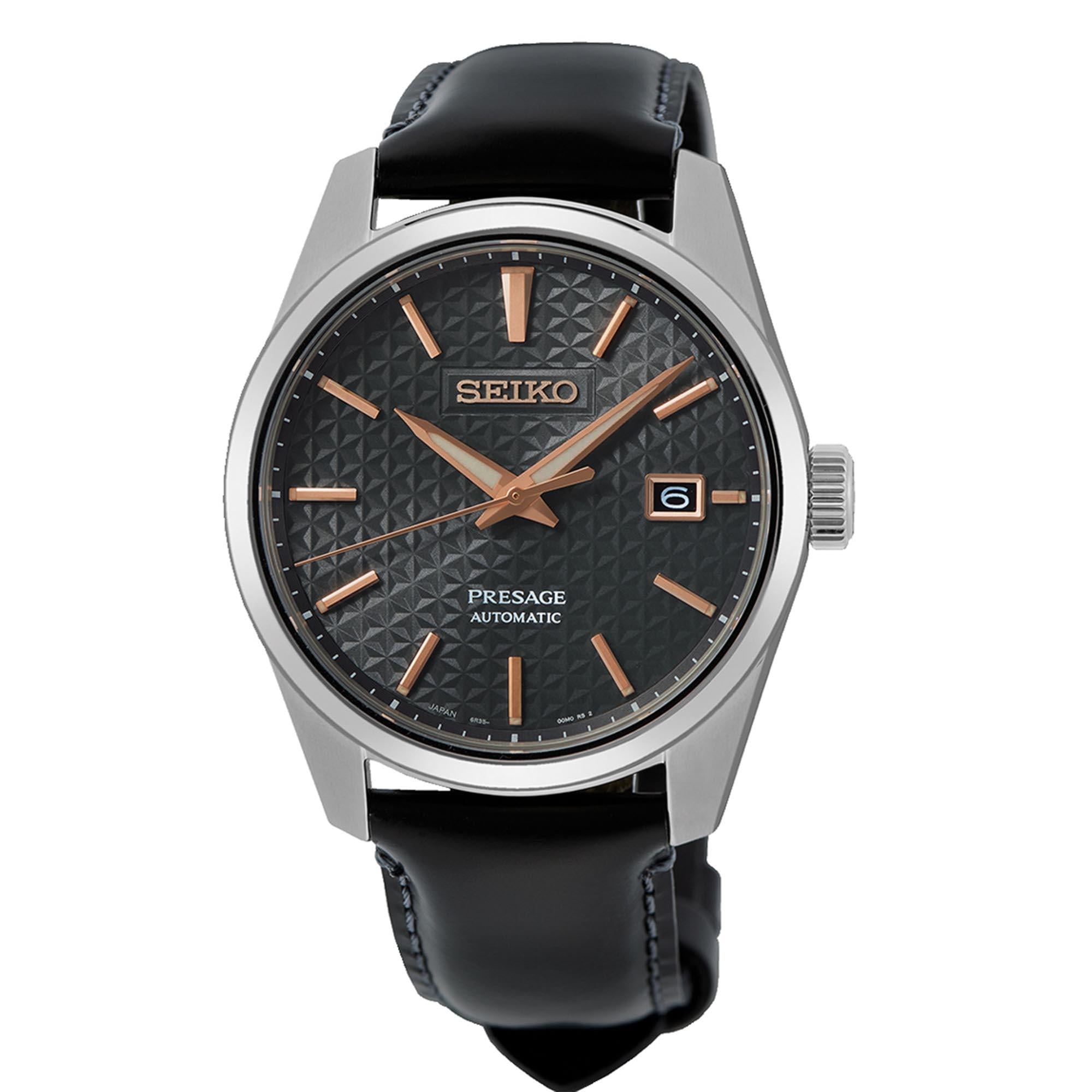 Seiko Presage Sharp Edge Series Automatic Black Dial Black Leather Strap Men's Watch SPB231J1