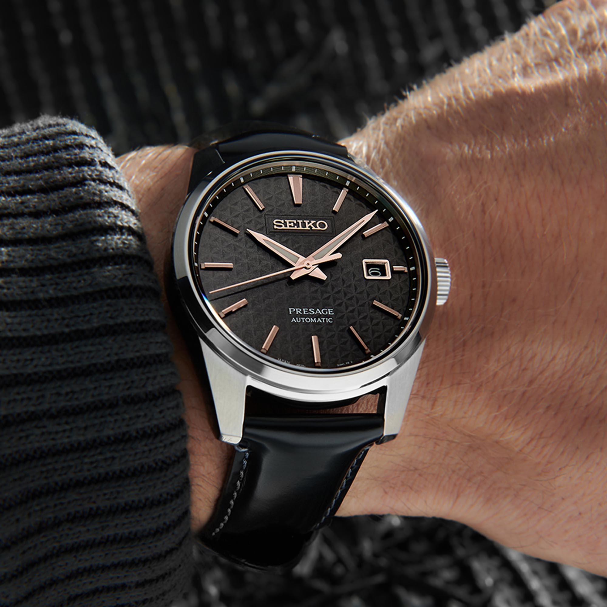 Seiko Presage Sharp Edge Series Automatic Black Dial Black Leather Strap Men's Watch SPB231J1