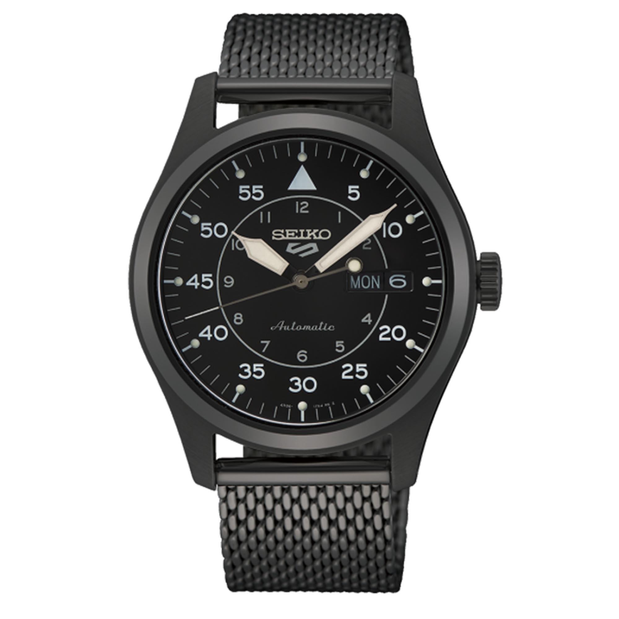 Black Seiko watch with mesh band on a white background