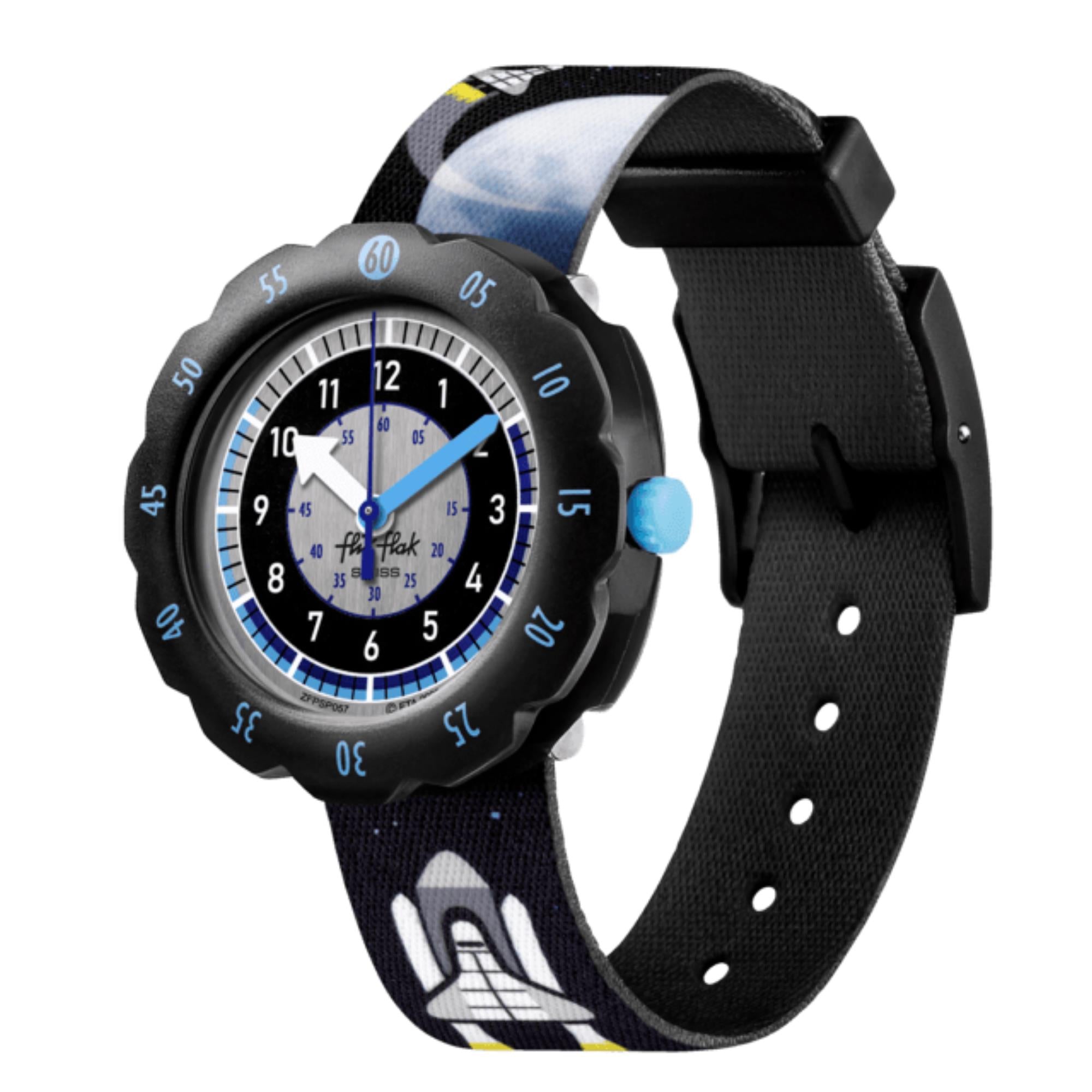 Flik Flak Moon and Back Two Tone Dial Black Textile Strap Children’s Watch FPSP057