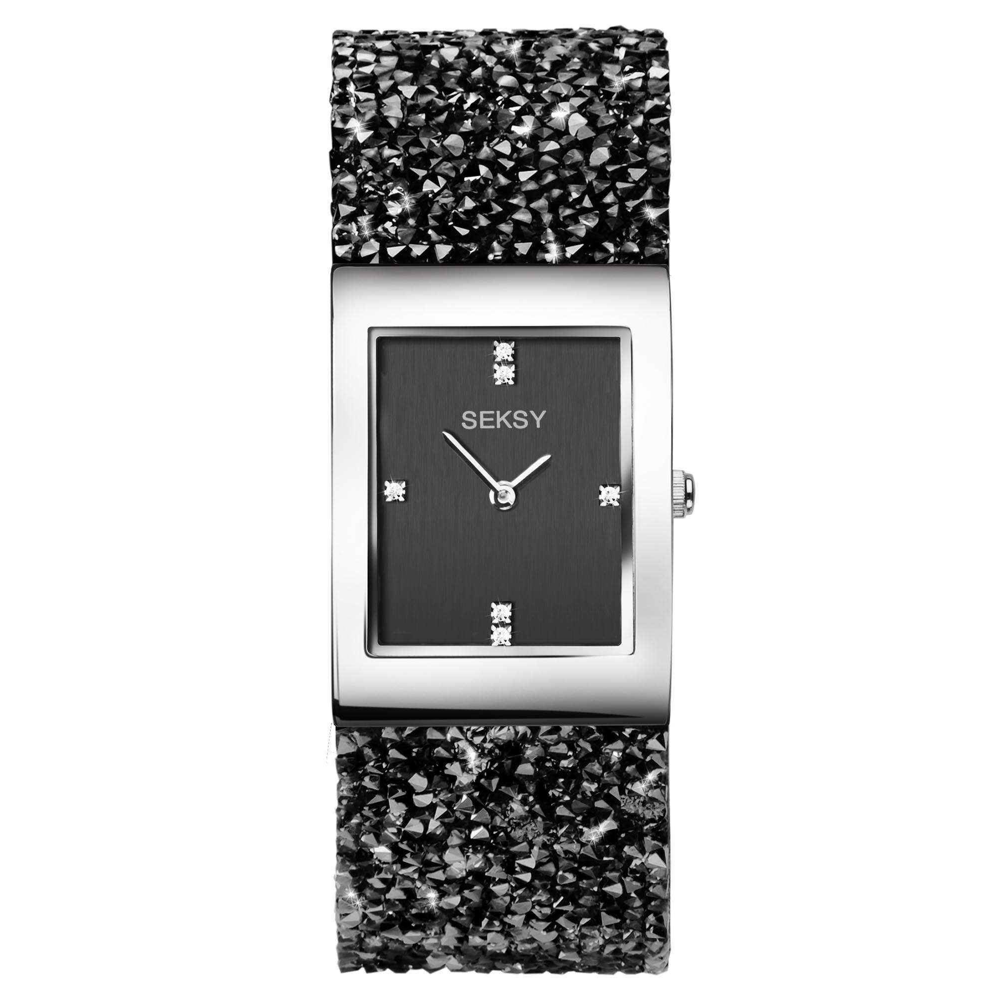 Seksy Dress Quartz Black Dial Silver PVD Brass Bracelet Ladies Watch 2573