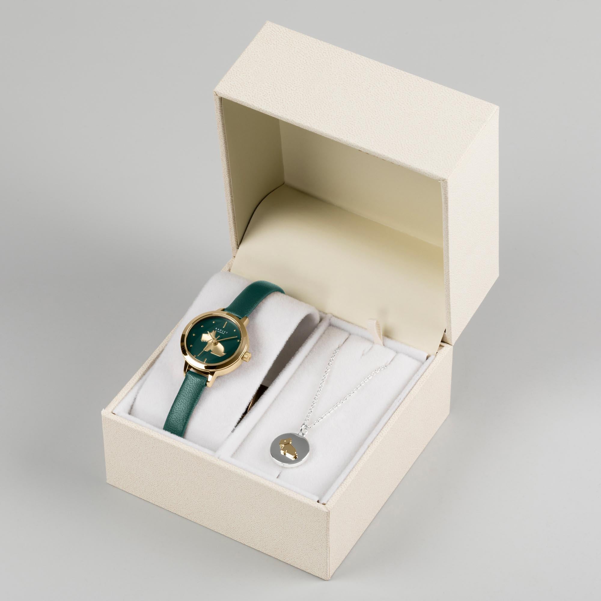 Radley Quartz Green Dial Leather Strap Ladies Watch Necklace Set RY21308A-SET