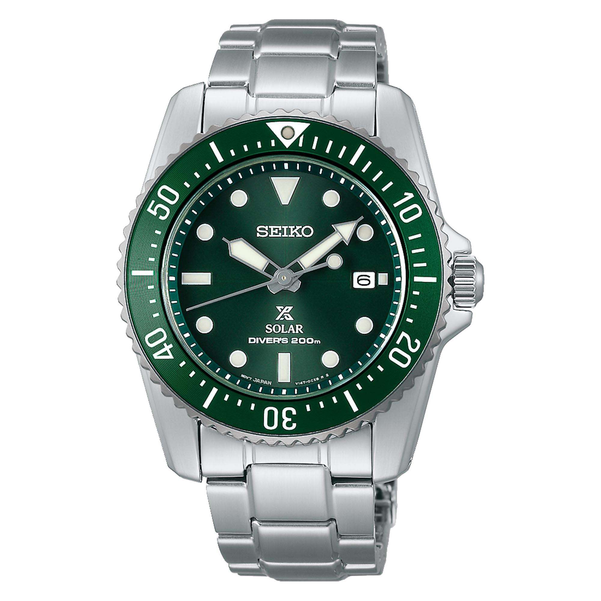 Seiko Prospex Quartz Solar Green Dial Stainless Steel Bracelet Men's Watch SNE583P1