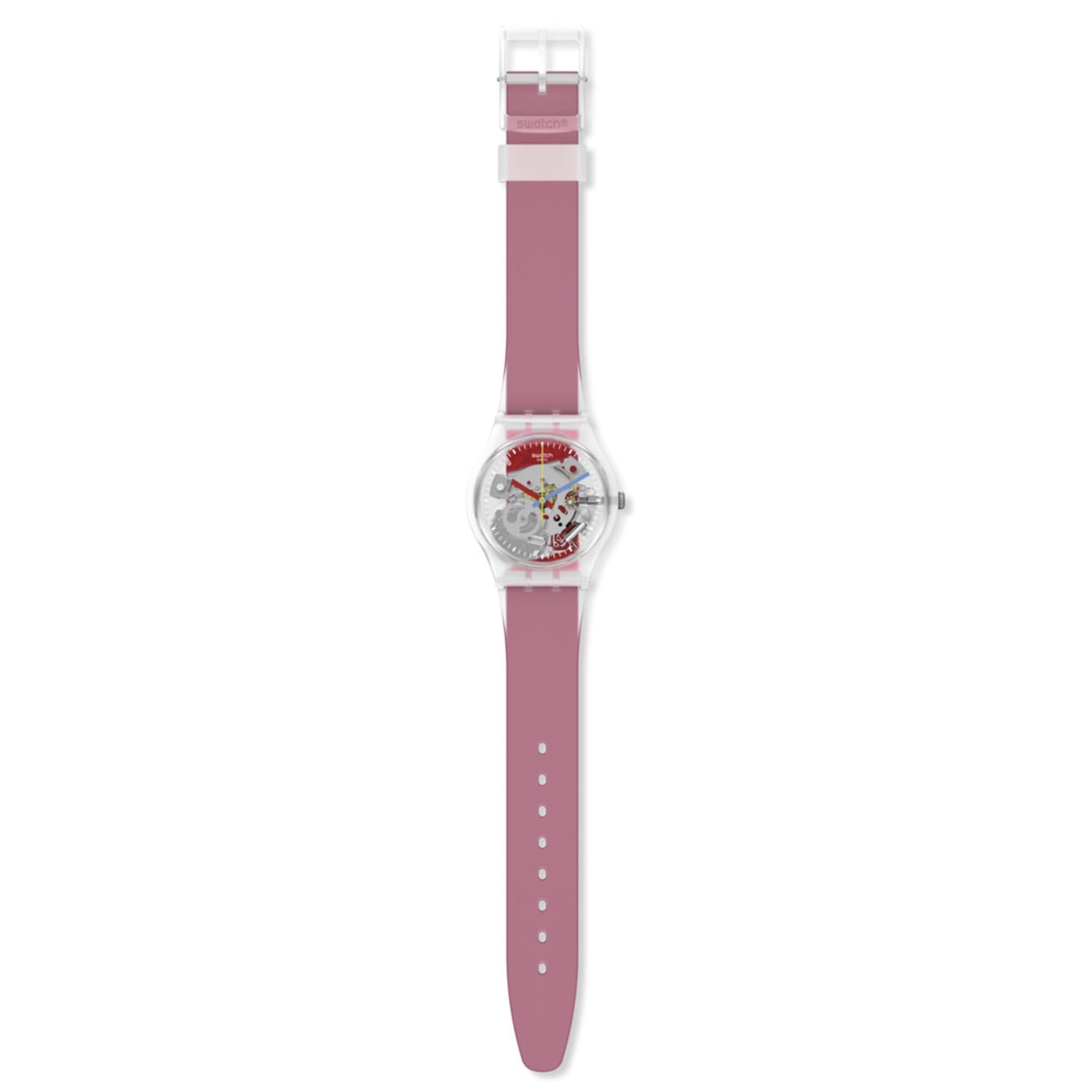 Swatch Clearly Red Striped Quartz Transparent Dial Red Silicone Strap  Watch GE292