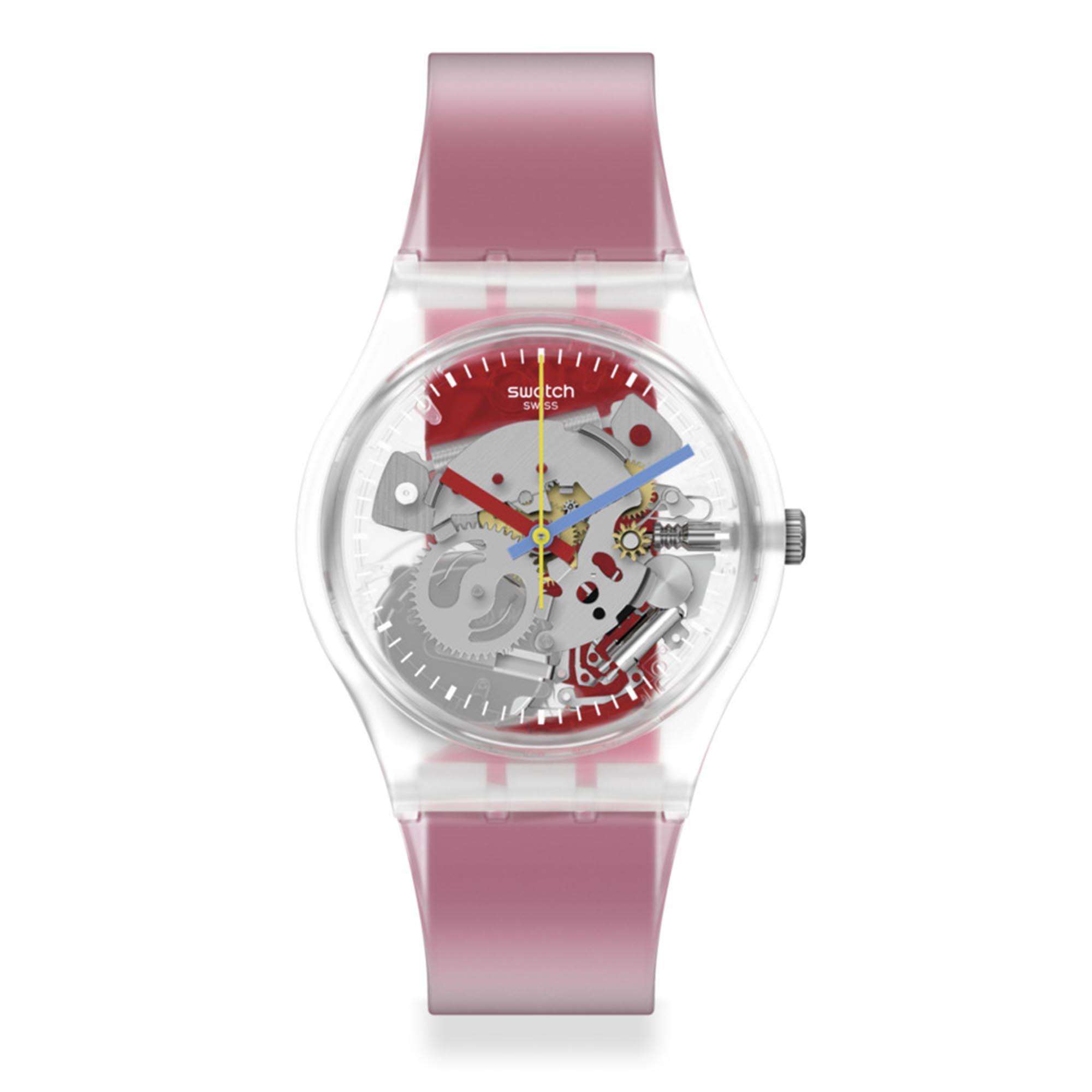 Swatch Clearly Red Striped Quartz Transparent Dial Red Silicone Strap  Watch GE292