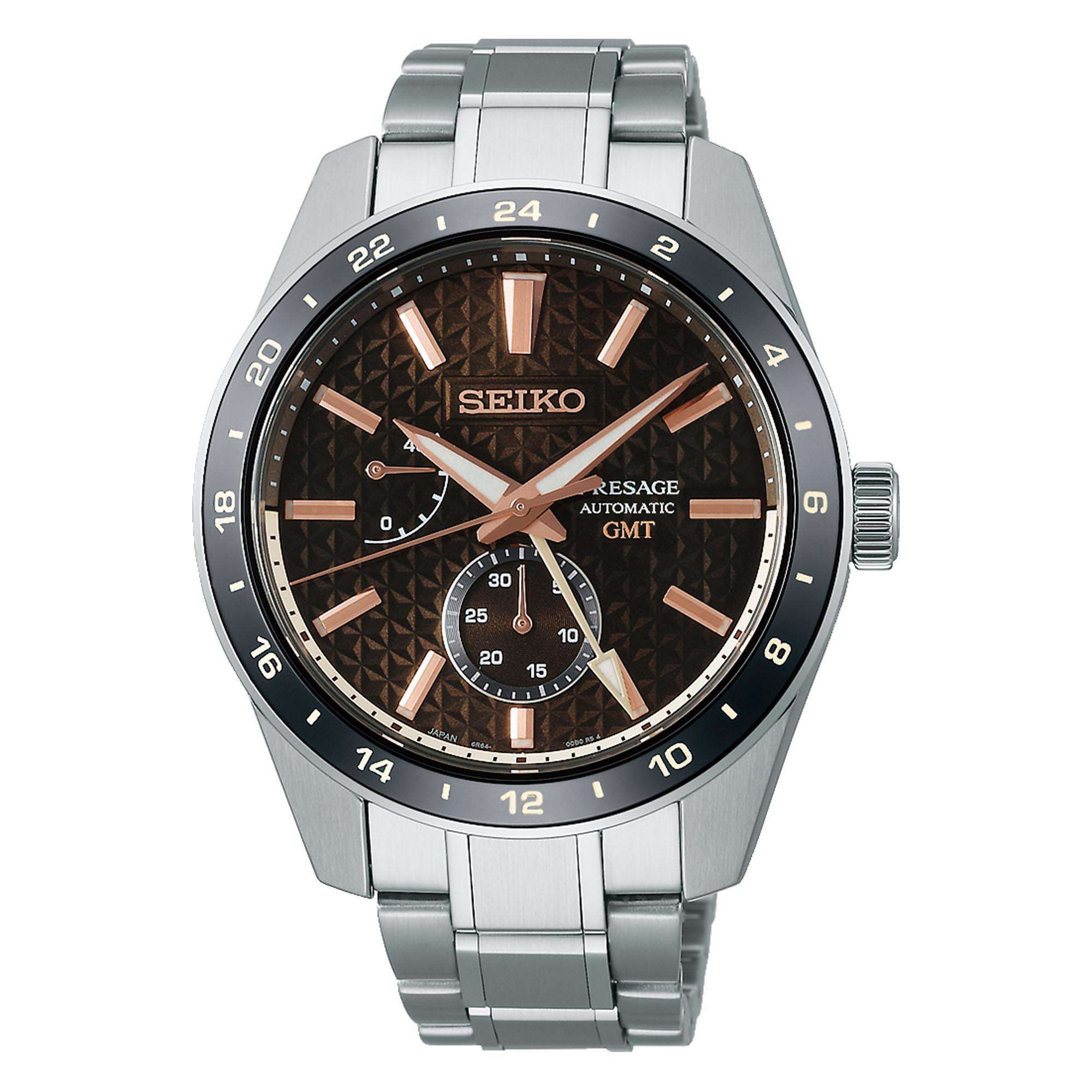 Seiko Presage ‘Keshizumi’ Sharp Edged Series GMT Automatic Brown Dial Stainless Steel Bracelet Men’s Watch SPB275J1