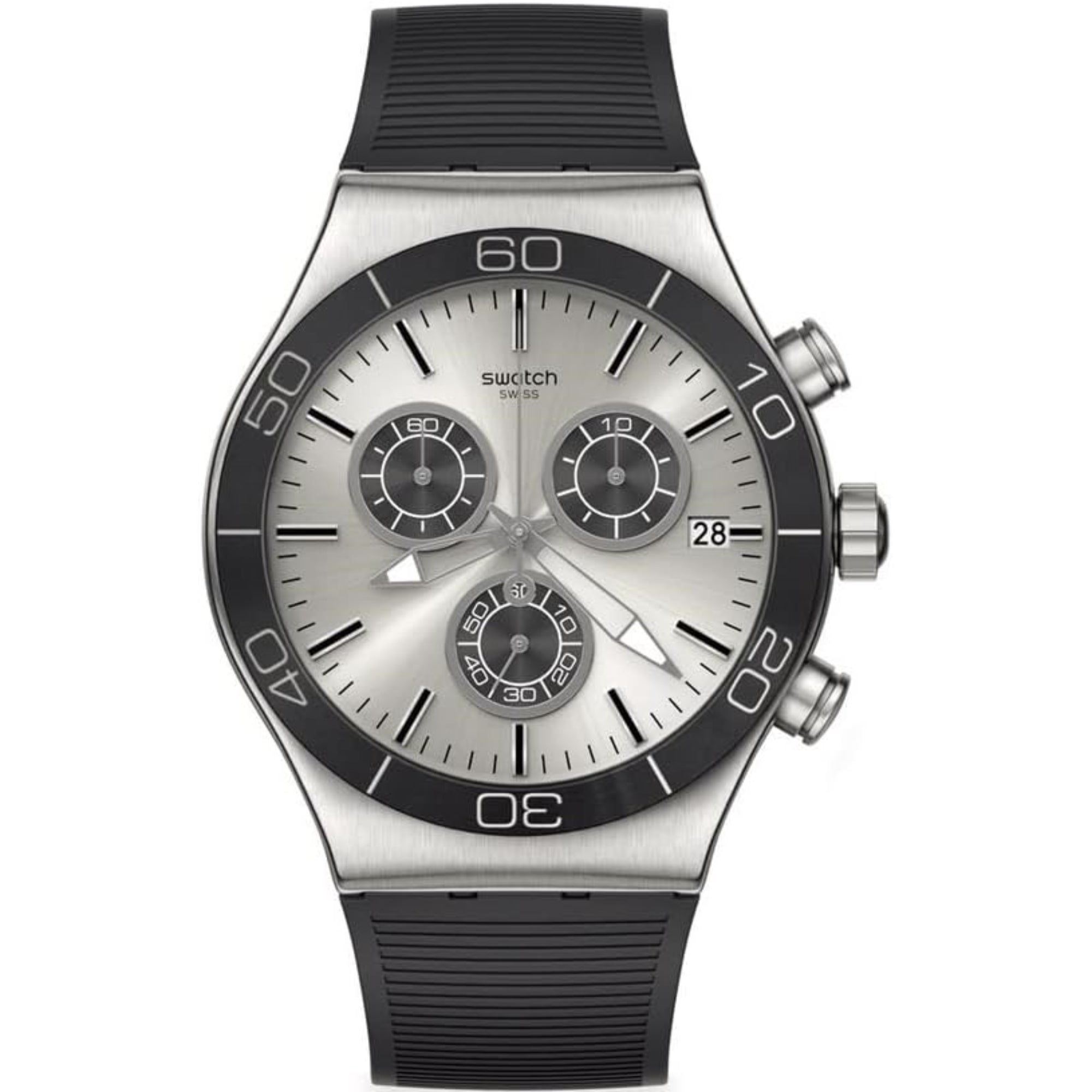 Swatch New Irony Chrono Great Outdoors Quartz Silver Dial Black Silicone Strap Men's Watch YVS486