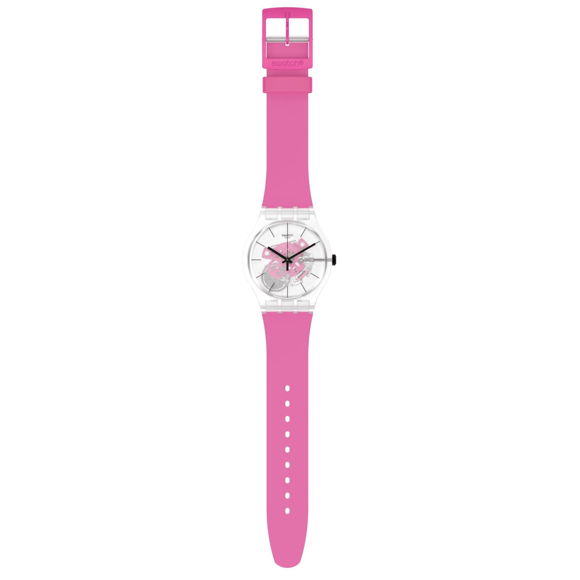 Swatch New Gent Pink Daze Quartz Transparnet Dial Pink Strap Ladies Watch SO29K107